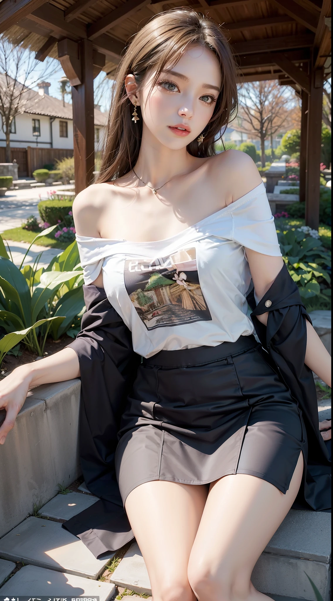 ((from below)), ((knee shot)), ((realistic)), ((off shoulder clothes)), 1girl, Nice face, slender leg, slim toned body, Delicate skin, long whitr hair, 耳Nipple Ring, 鎖骨, (tee shirt, pleatedskirt), trpical garden, lawns, at winter season, nevando, cold light, (tmasterpiece, k hd)