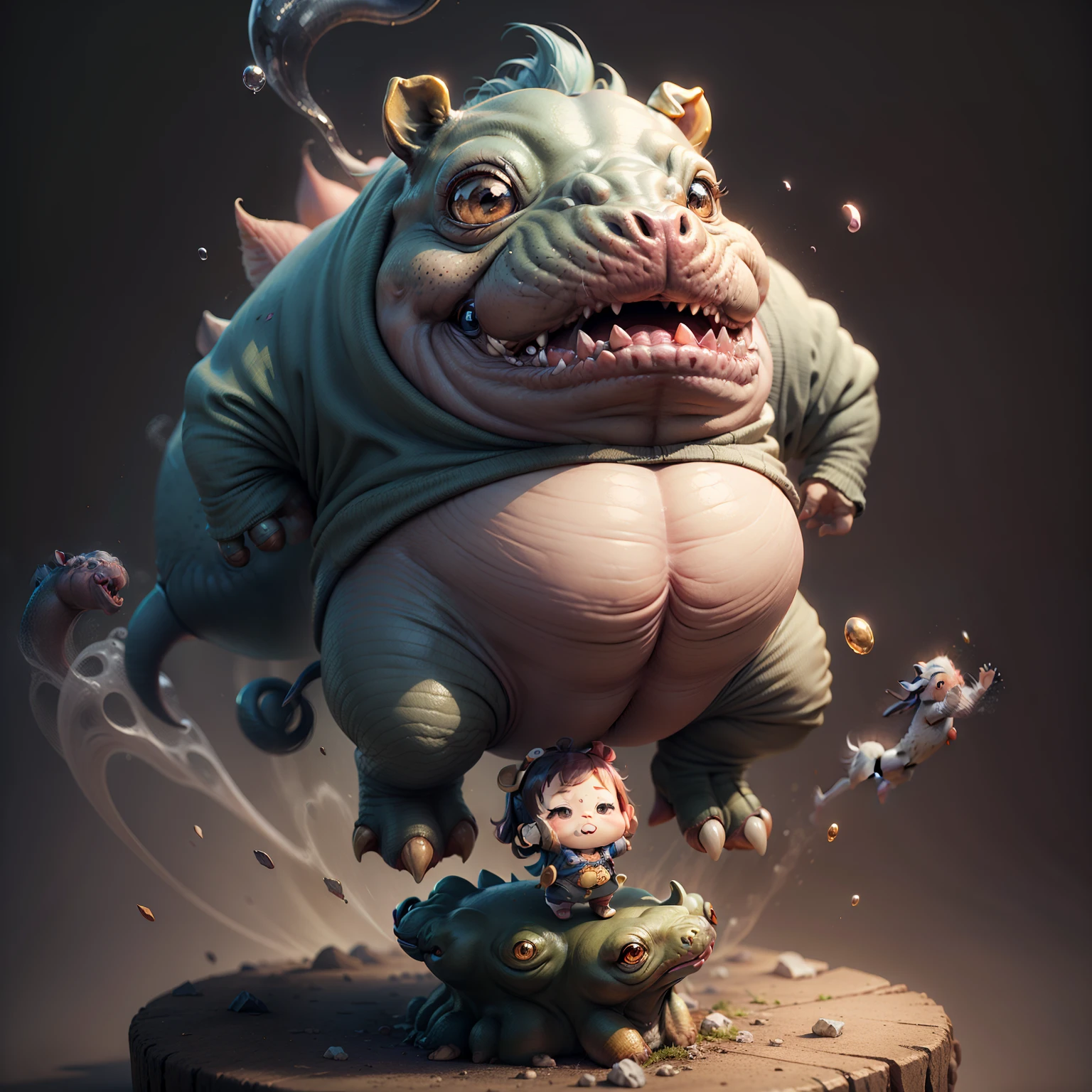 Best Quality), (masutepiece), Charming chibi animation of cute baby with hippopotamus-like face, (Chibi 3D): 1.3, (A detailed face:1.2), (Standing posture:1.1), Royal T Heater Background,(Jumping:1.3)