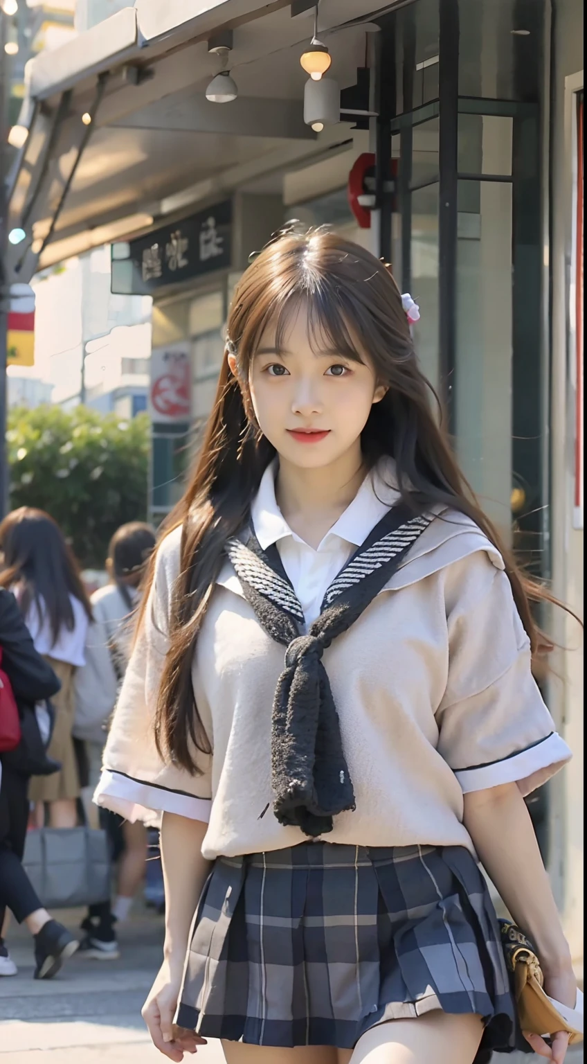 sidewalk, RAW photo, 8K, highest quality, super high resolution, beautiful face details, real human skin, shy expression, front view, angle from below, shawl long hair, realistic, realistic, cute, short skirt, standing deep in the city, cute schoolgirl, japanese schoolgirl uniform, wearing Japanese school uniform, surreal high school girl, full body,