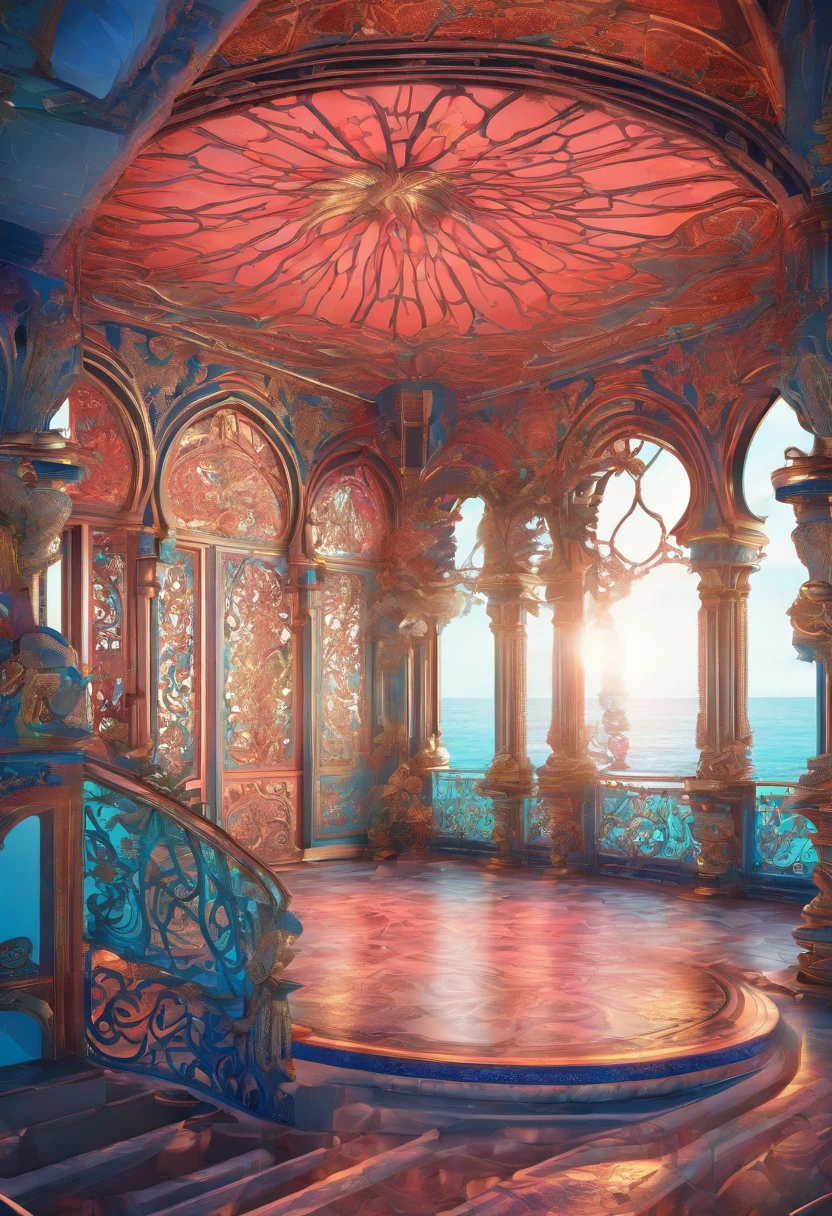 Virtual Scene Design, Coral Art Installation on Blue Sea, galvanized fiberglass with rainbow gradation, Surreal visual representation, majestic architecture, Unique, Convoluted, exquisitedetails,(blender, OC rendering, Natural light, Ray tracing, 8K)