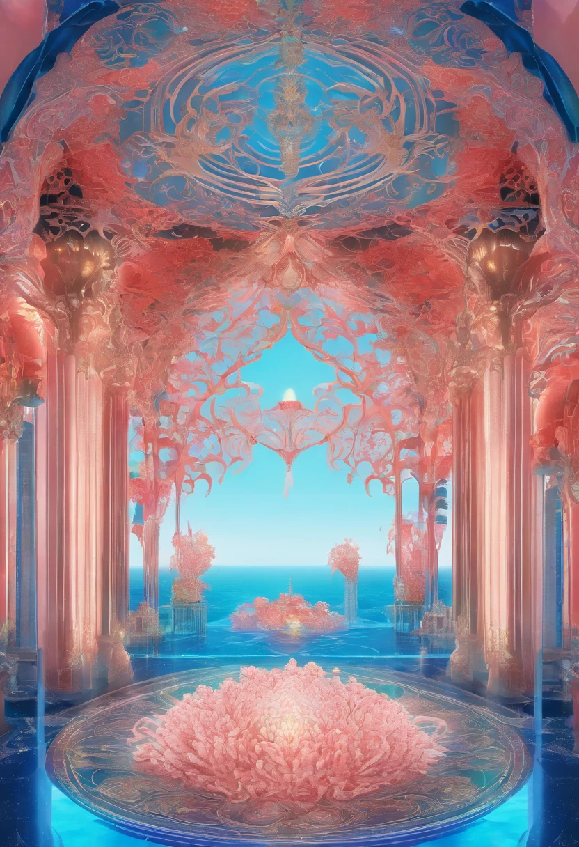 Virtual Scene Design, Coral Art Installation on Blue Sea, galvanized fiberglass with rainbow gradation, Surreal visual representation, majestic architecture, Unique, Convoluted, exquisitedetails,(blender, OC rendering, Natural light, Ray tracing, 8K)