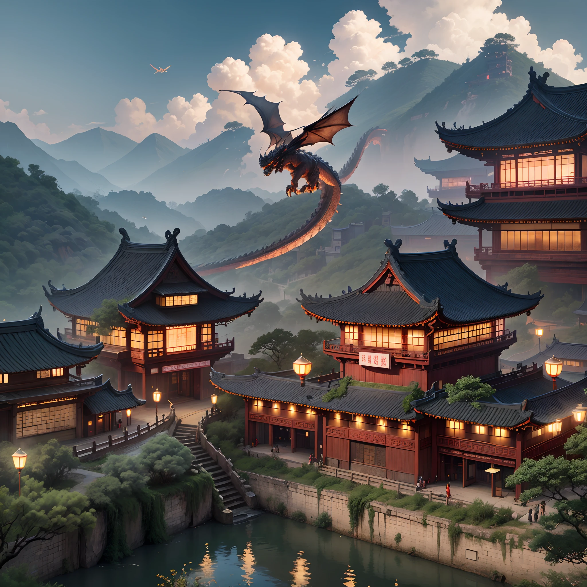 ancient china city, landscape, flying dragon --auto --s2