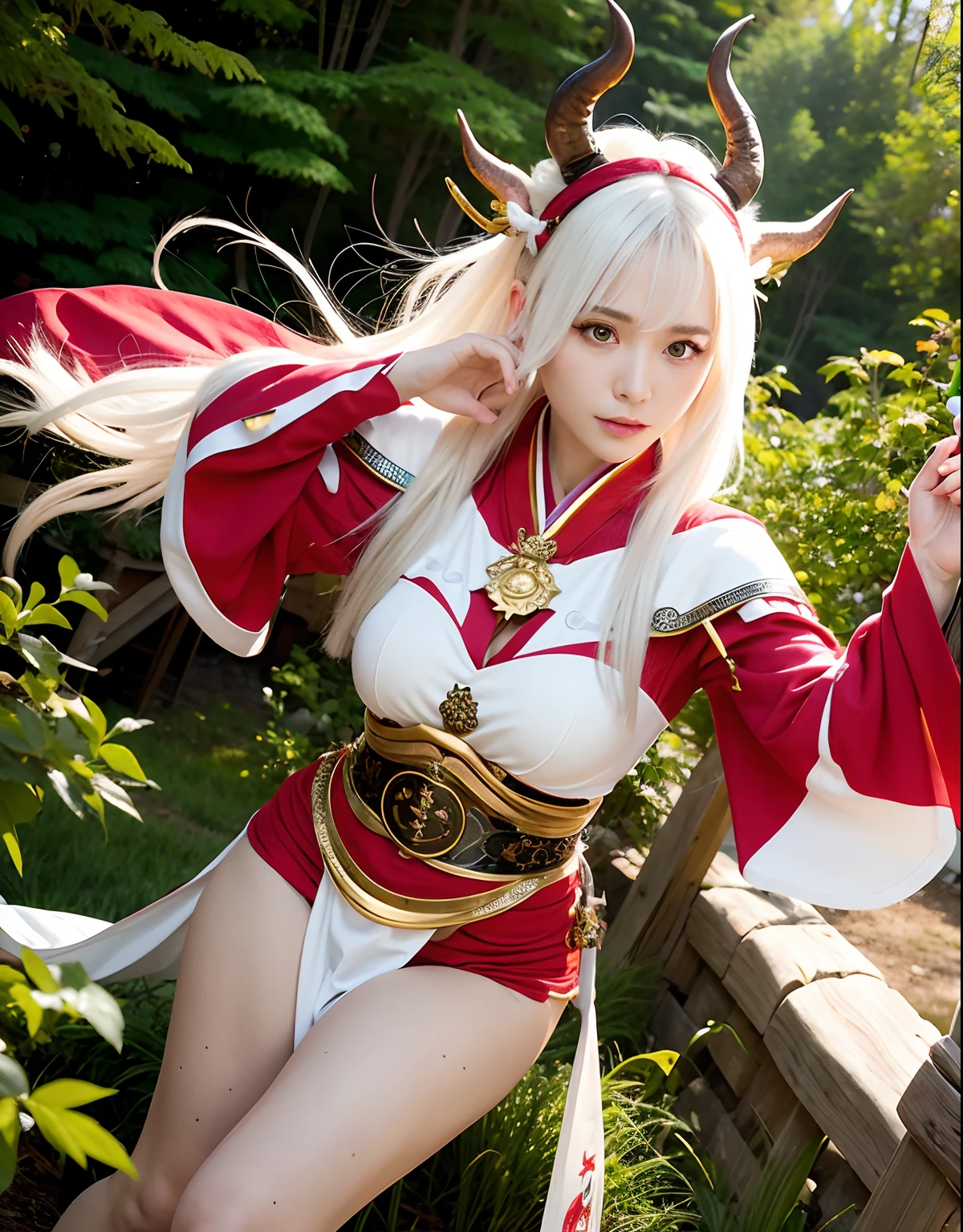 Professional , masterpiece、top-quality、photos realistic , depth of fields 、(White bikini armor)、(Mystical expression)、((Fight dragons)),(Wear a beautiful kimono),(Wear a beautiful kimono with colorful floral patterns)、Jewel Gold Weapon、Particles of light),(Has a devil's mask)、Gorgeous gold weapons ,(( Gorgeous Dragon Sword)) , (Fox mask),,(maikurobikini) 、((White hair))、(Castle background)、(demonic wings)、((Gangle's forest background))、Beautiful Caucasian beauty、1a person、dynamic ungle,(((Two devil's horns on the head)))、Smaller head、Idle Smile、Thin and beautiful female hands、Mystical expression、Light Effects、intense fighting、Wind-effect、magic circles、With the legendary magic wand、Dragon's tail、