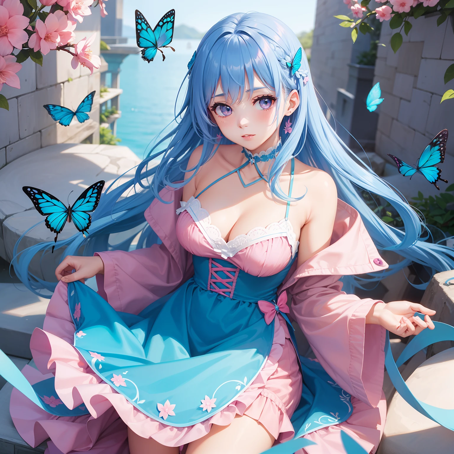(multicoloured latex magical girl in the pink forest)、sexy pose、very long twintails、(Golden decoration)、((floral decoration))、(((eggs)))、light Blue hair、Blue eyes、((floating flower petals、Glitter、Bokeh))、smile、Sit up、Strawberry