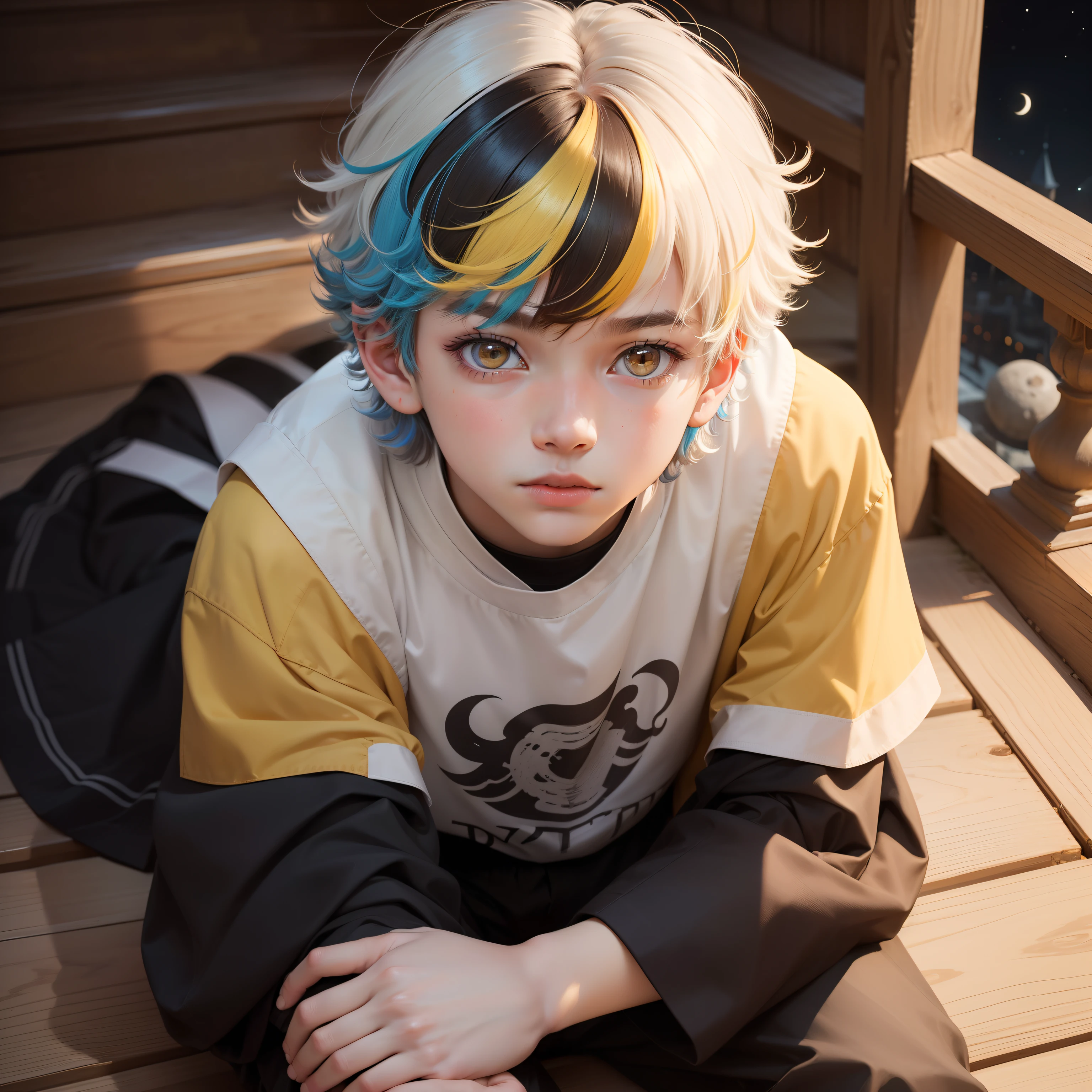 (1 boy),(Multi hair color 1.2),Beautiful Boys,Beautiful fece,fleeting,bobhair,Bangs that are cut,cute  face,sitting on stairs,Looking diagonally up,Moon Night,yellow  eyes,Realistic,An ultra-high picture quality,​masterpiece