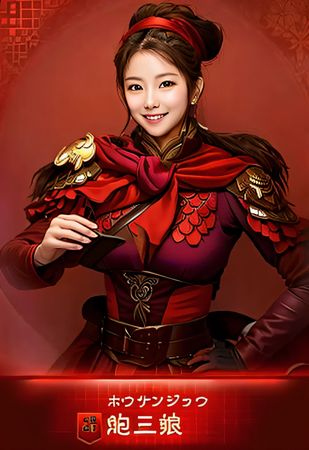 Smiling woman in red scarf and armor