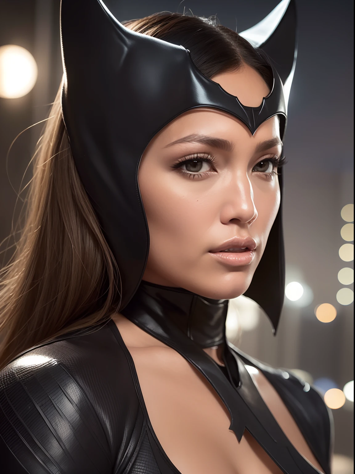 masterpiece, batman as age girl, topless, dark atmosphere, gotham city, ultra detailed, ultra realistic, realistic skin, very detailed background, light shining on her