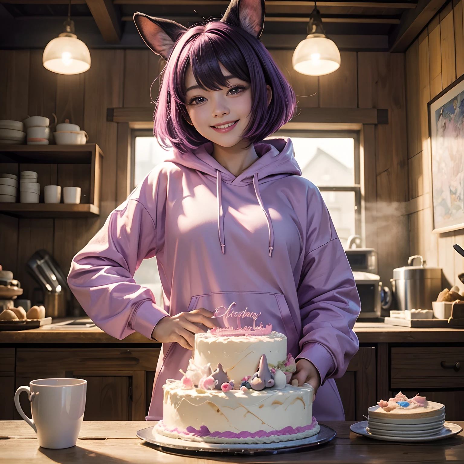 （4K、Raw photography、top-quality、​masterpiece:1.2), 2D anime, wide-angle, Beautiful girl is overjoyed with a huge white birthday cake、Beautiful girl with a cute smile with purple medium bob and black rabbit ears、Oversized pink hoodie --auto