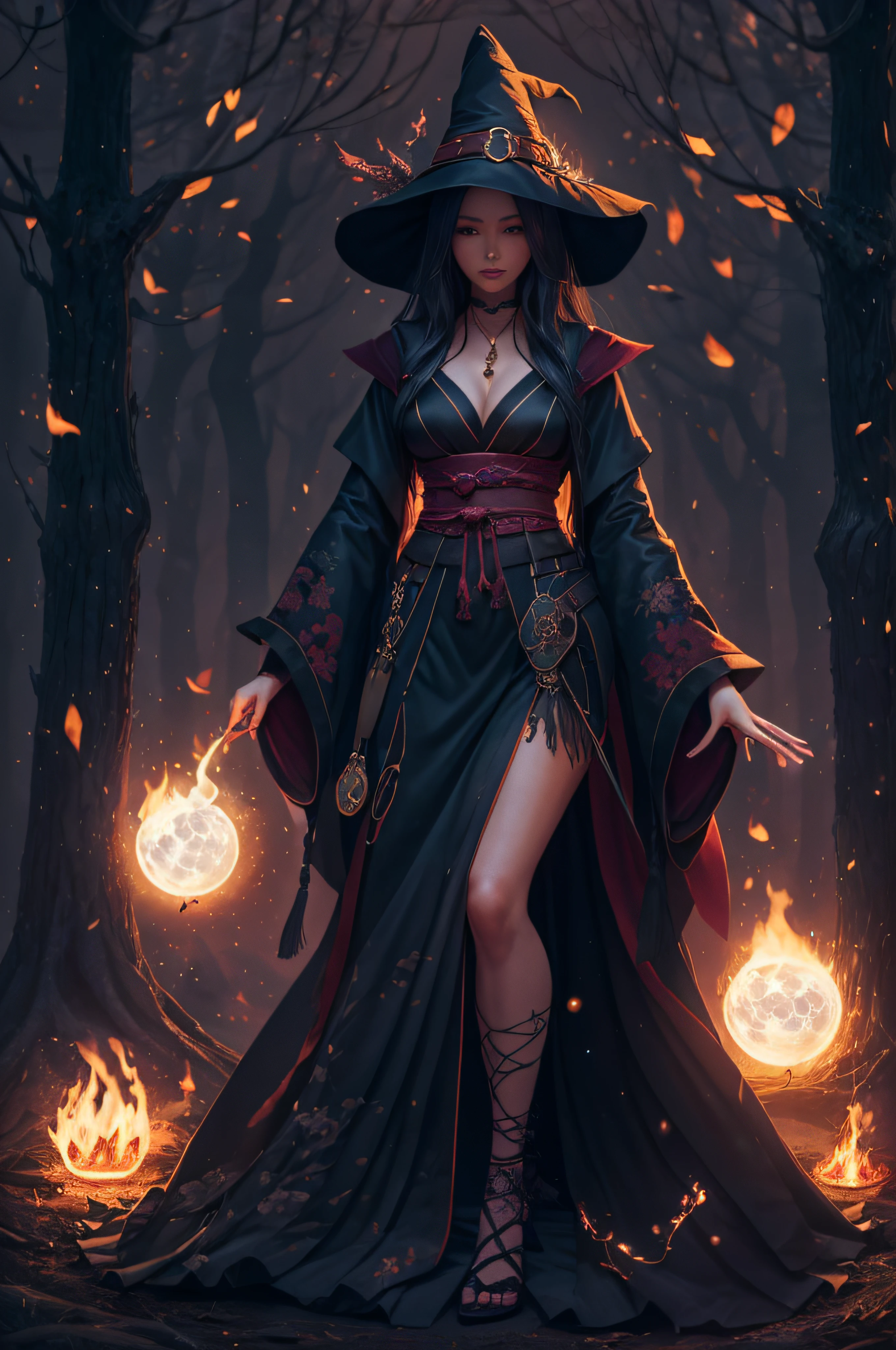 witch with a glowing spell in her hand ,beautiful japanese witch, full body, seductive body, mini skirt, floating coat,beautiful sorceress, fantasy art style, deviantart artstation cgscosiety, dark forest with trees, fire magic, flames around her, dark sky, fullmoon and stars,