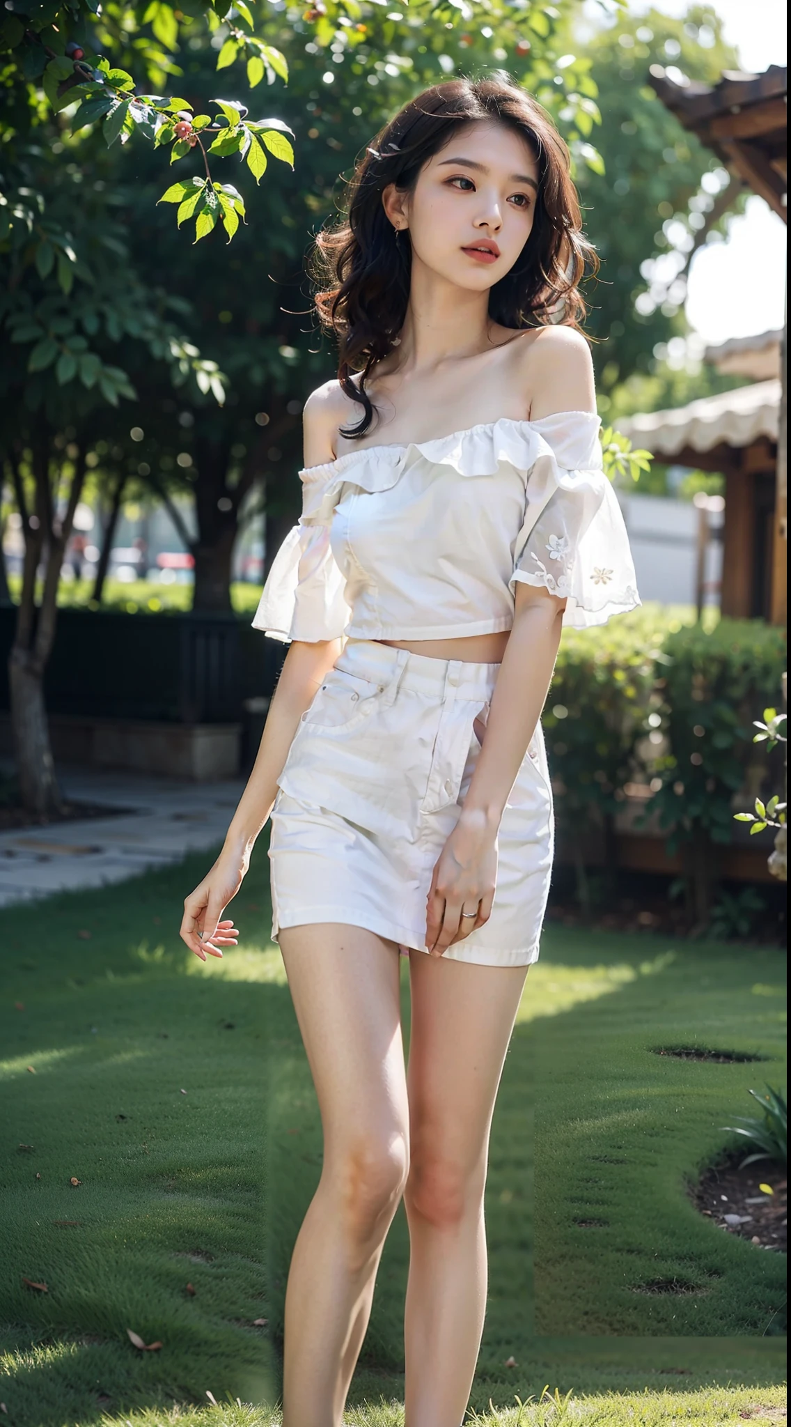 ((from below)), ((knee shot)), ((realistic)), ((off shoulder clothes)), 1girl, Nice face, curlies, long and flowing hair, slender leg, slim toned body, Delicate skin, long whitr hair, 耳Nipple Ring, 鎖骨, (whitet-shirt, black short skirt), trpical garden, lawns, nevando, Background bokeh, cold light, (tmasterpiece, k hd)