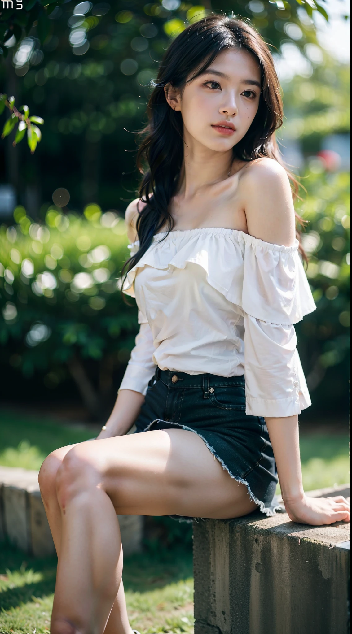 ((from below)), ((knee shot)), ((realistic)), ((off shoulder clothes)), 1girl, Nice face, curlies, long and flowing hair, slender leg, slim toned body, Delicate skin, long whitr hair, 耳Nipple Ring, 鎖骨, (whitet-shirt, black short skirt), trpical garden, lawns, nevando, Background bokeh, cold light, (tmasterpiece, k hd)