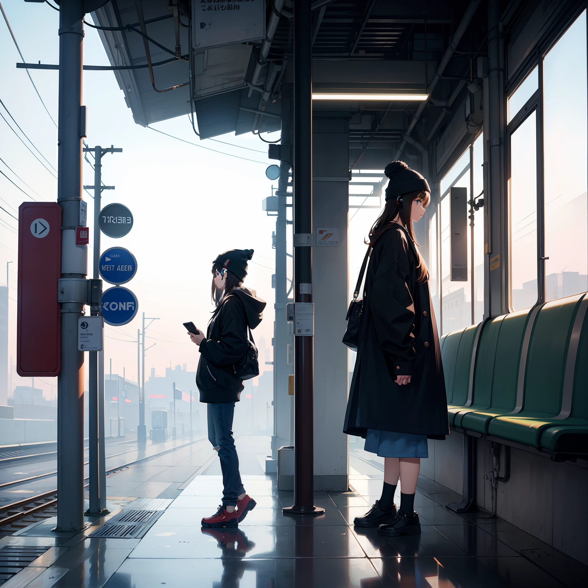Masterpiece, Train station platform, Solo, 1 Girl, Oversized sweaters, headphones, Loose pants, beanie, sideview, Looking at the phone, Upcoming trains, long shot,