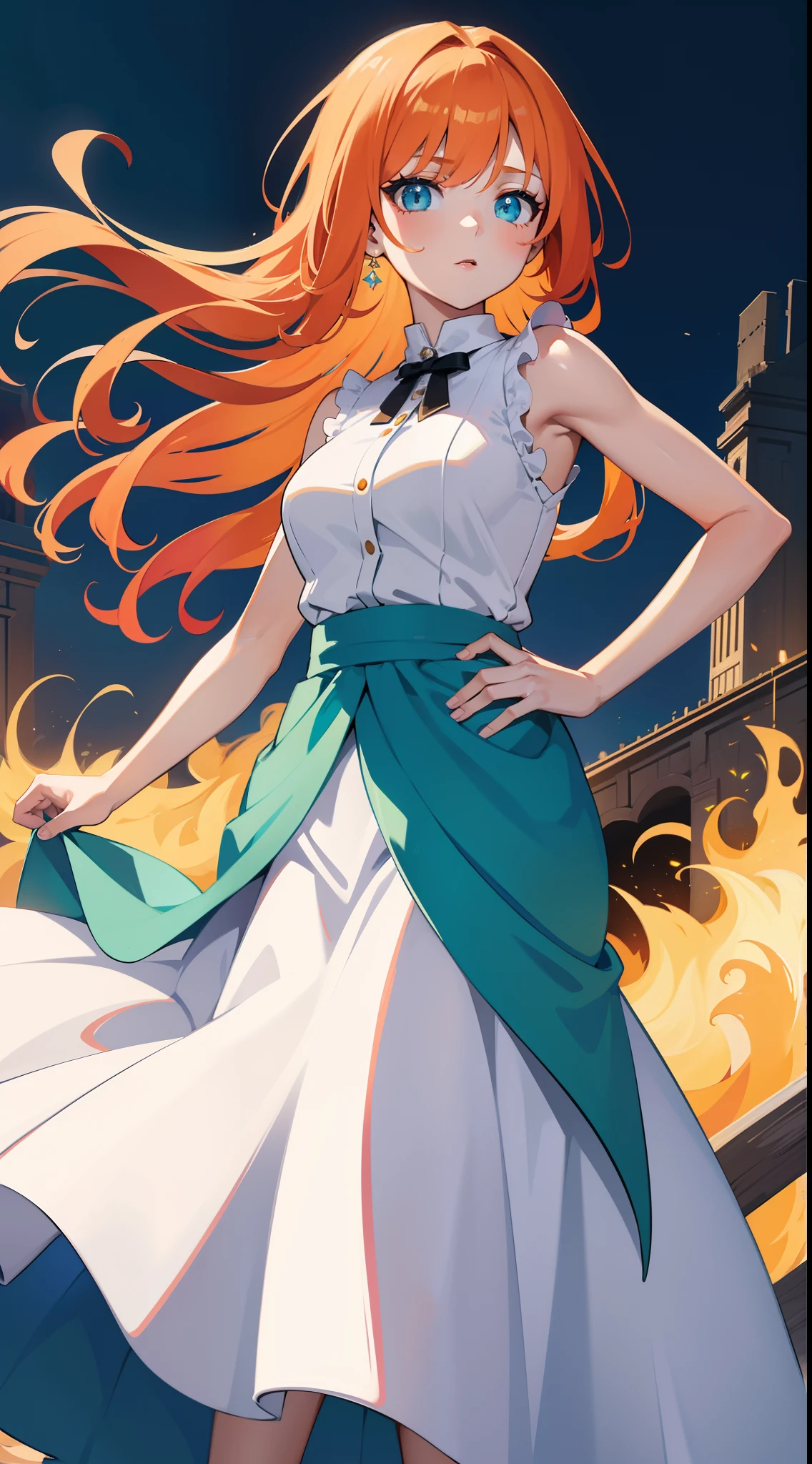 young girl, llong orange hair, Cyan eyes, white fencing dress, Sleeveless, open breasts, long skirt, sword, Masterpiece, hiquality