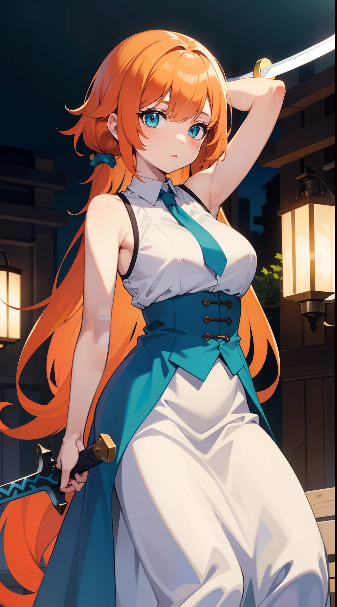 young girl, llong orange hair, Cyan eyes, white fencing dress, Sleeveless, open , long skirt, sword, Masterpiece, hiquality
