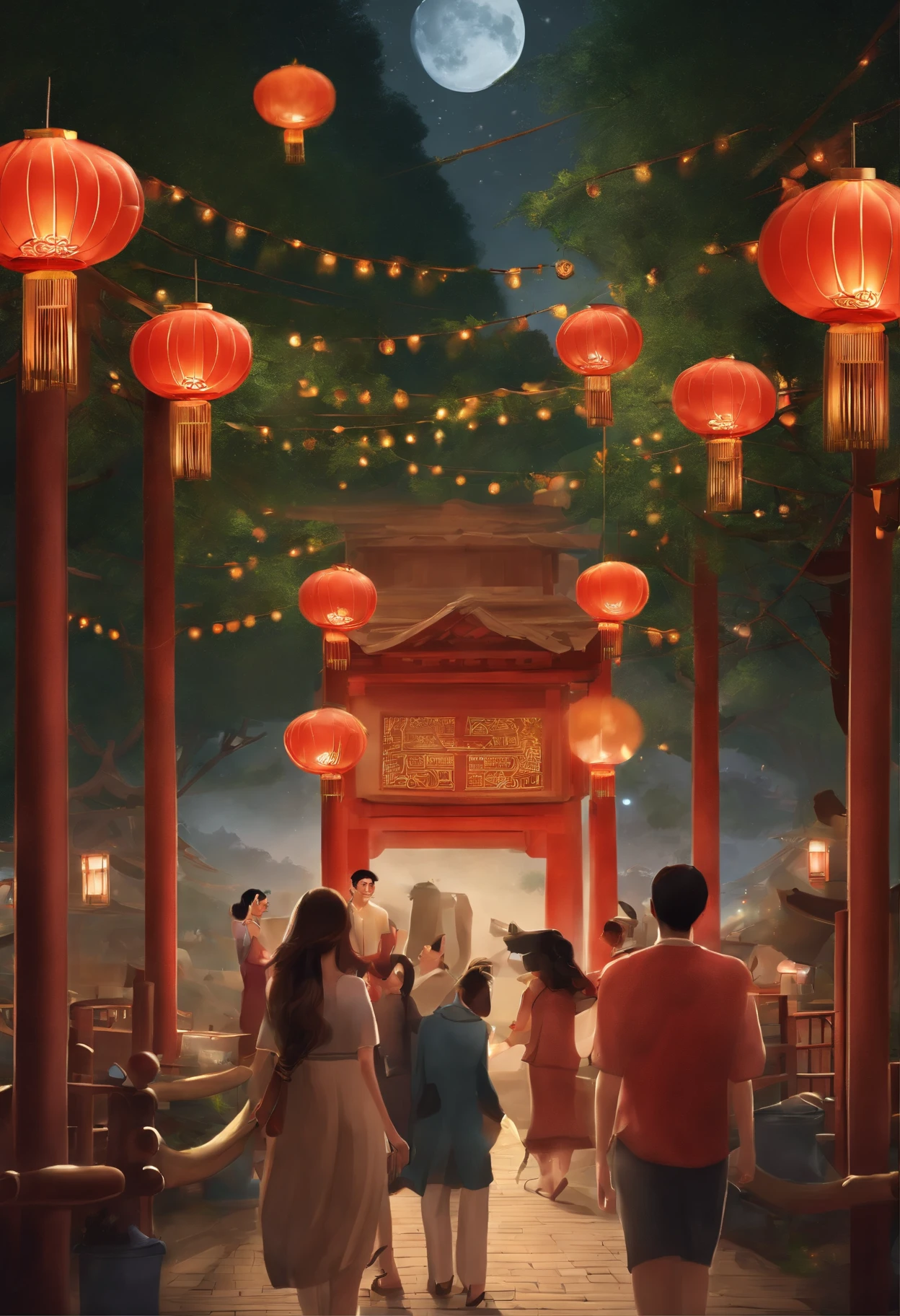 Mid-Autumn Festival、Moon、Huge mooncakes in the air、Star of the Sun、Urban commercial buildings、Concert、band、fire works、UAVs、environment friendly、tradit、celebrating、enviroment、Plaza、The bear goes to the moon、forest、Critters、lots of people、Bamboo lanterns、the night、celebrating、Artistically、device、decor、resource，high definition resolution