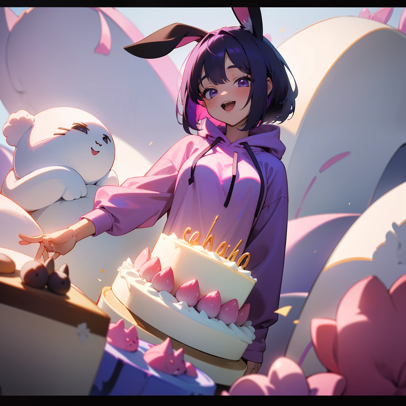 （4K、Raw photography、top-quality、​masterpiece:1.2), 2D anime, wide-angle, Beautiful girl is overjoyed with a huge white birthday cake、Beautiful girl with a cute smile with purple medium bob and black rabbit ears、Oversized pink hoodie