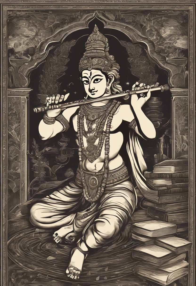 An artistic depiction of Lord Krishna playing his flute, surrounded by books, pens, and a chalkboard with mathematical equations in the background.