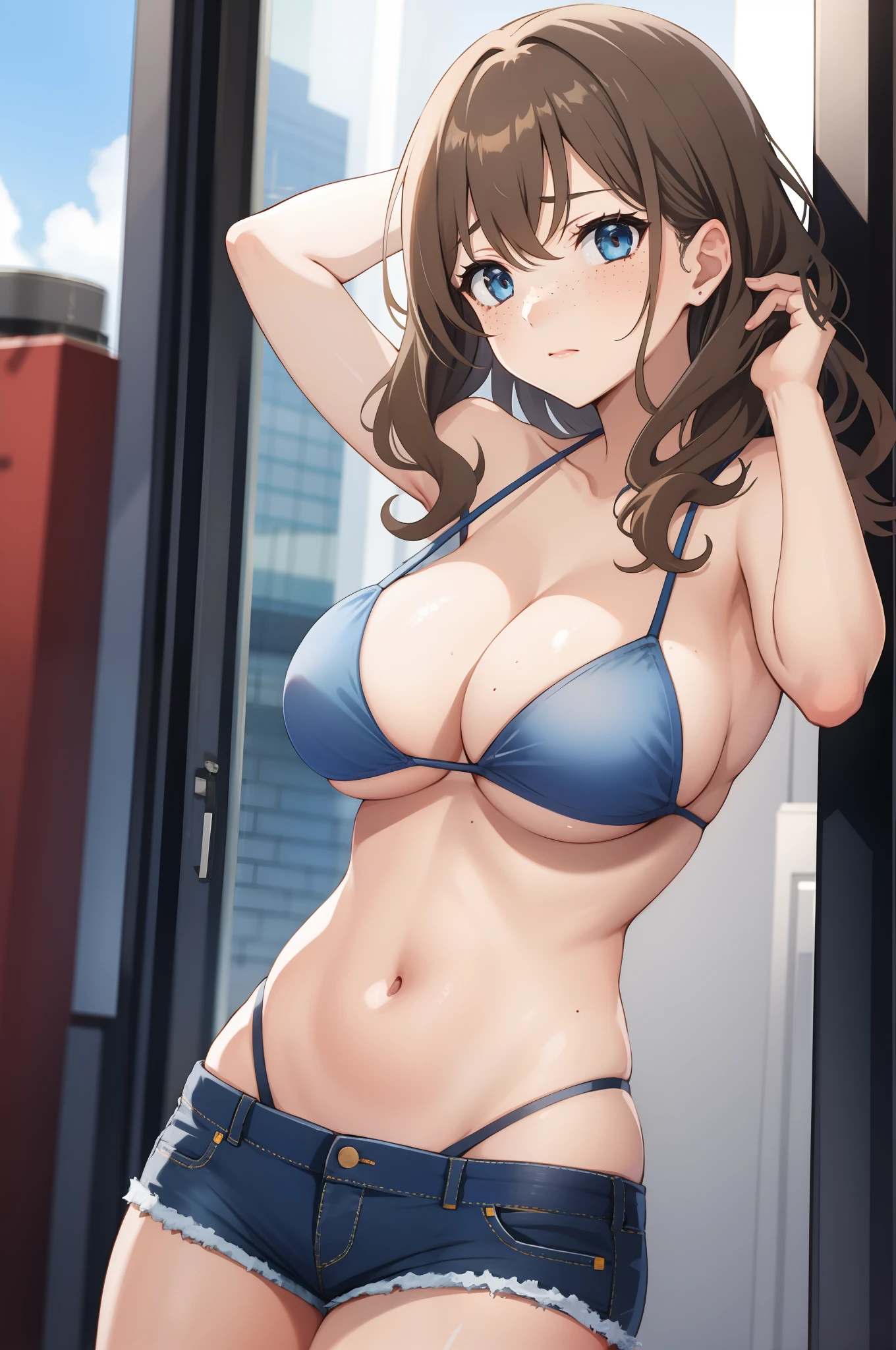 one girl, light brown hair, blue eyes, freckles, wavy hair, big breasts, bikini top only, denim shorts, closed mouth, embarrassed, hands on head, city