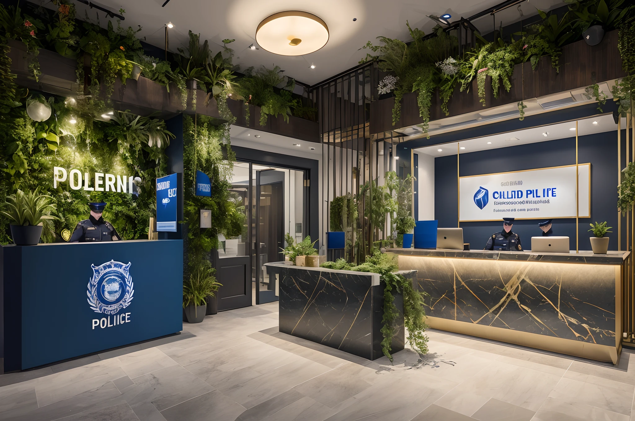 Military style and luxurious police reception with a large blue flag written police with lush plants, golden marble and well lit.