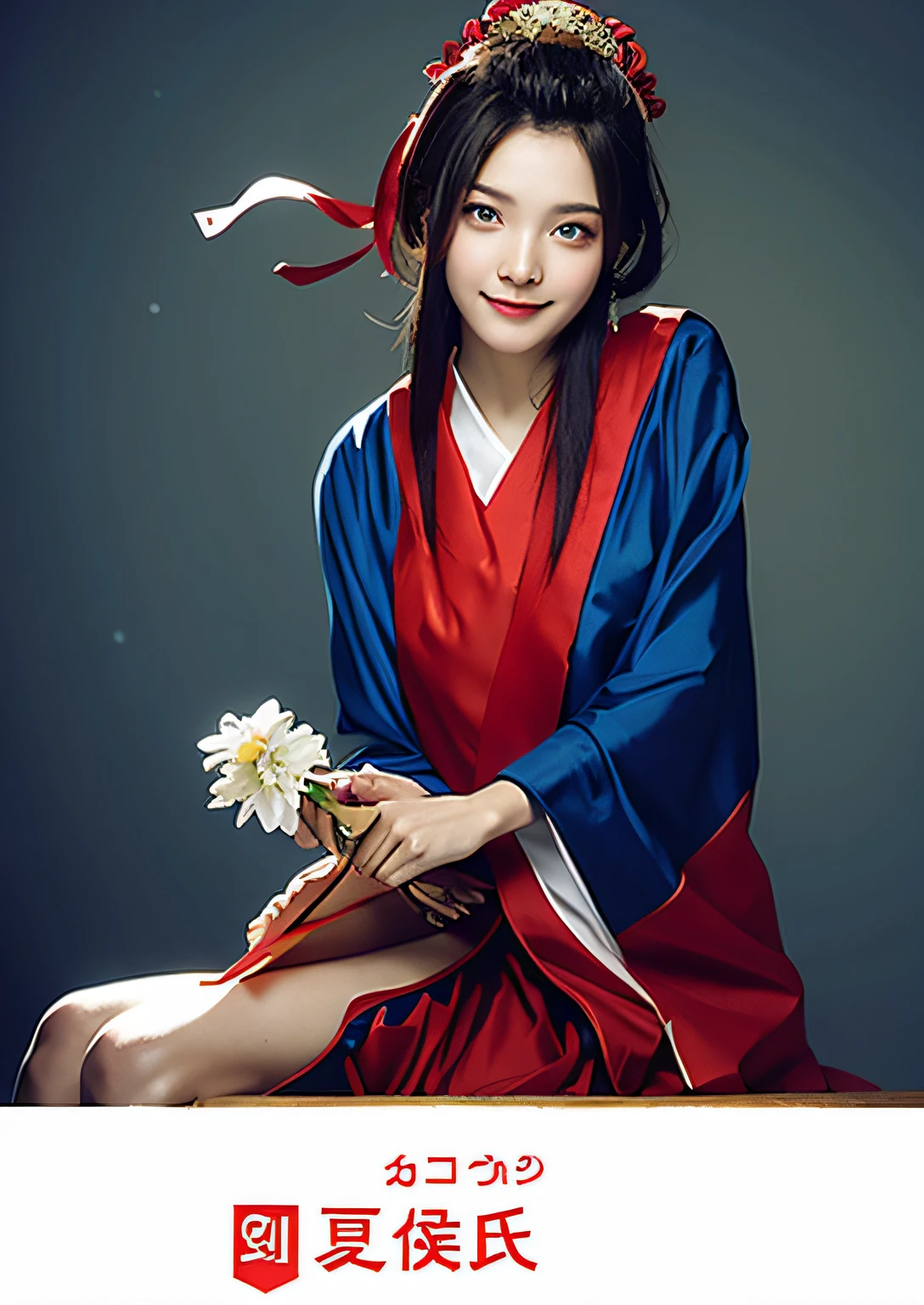 Smiling woman in blue and red dress with flowers