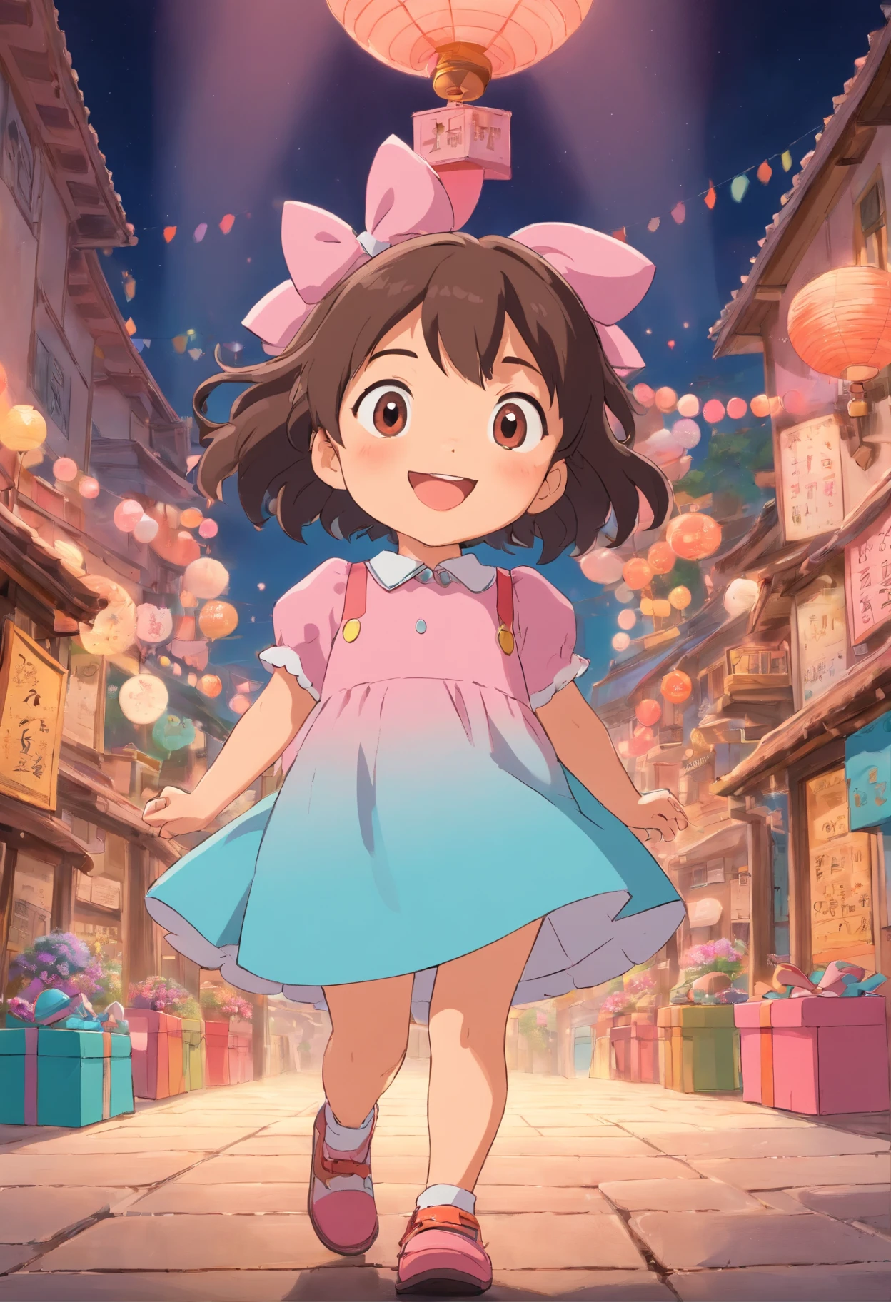 There's a little girl next to a pink box, um pastel por Ella Guru, pexels, acontecimento, Menina africana de pele escura, vestido roxo gelado;, she is smiling and excited, ela expressando alegria, sky - blue dress, she is smiling and happy, menina com cabelo cacheado da cor preta