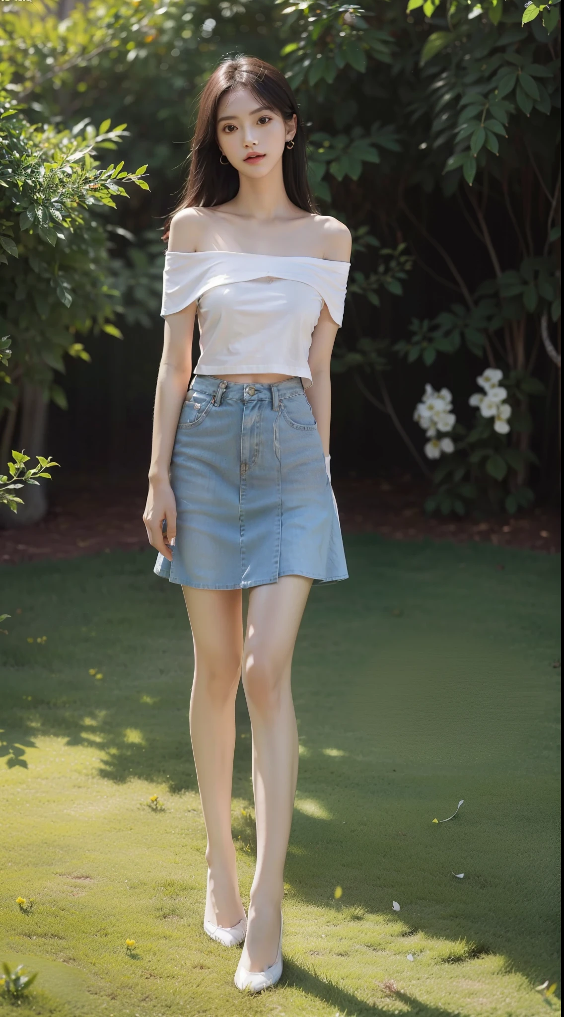 ((from below)), ((knee shot)), ((realistic)), ((off shoulder clothes)), 1girl, Nice face, slender leg, slim toned body, Delicate skin, long whitr hair, 耳Nipple Ring, 鎖骨, (tee shirt, pleatedskirt), trpical garden, lawns, nevando, Background bokeh, cold light, (tmasterpiece, k hd)