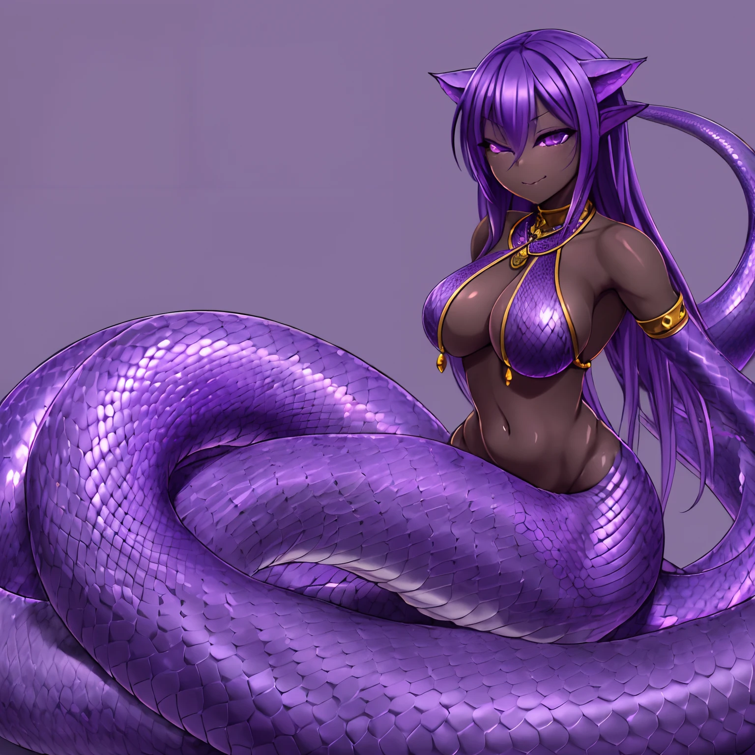 (lamia:1.2), scales,

full body, 


 1girl, :d, animal hug, purple hair, purple scales, long tongue, open mouth, purple eyes, grey background, highres, dark skin, caramel skin, female focus, one eye closed, smug, solo, upper body, yuji \(fantasia\)