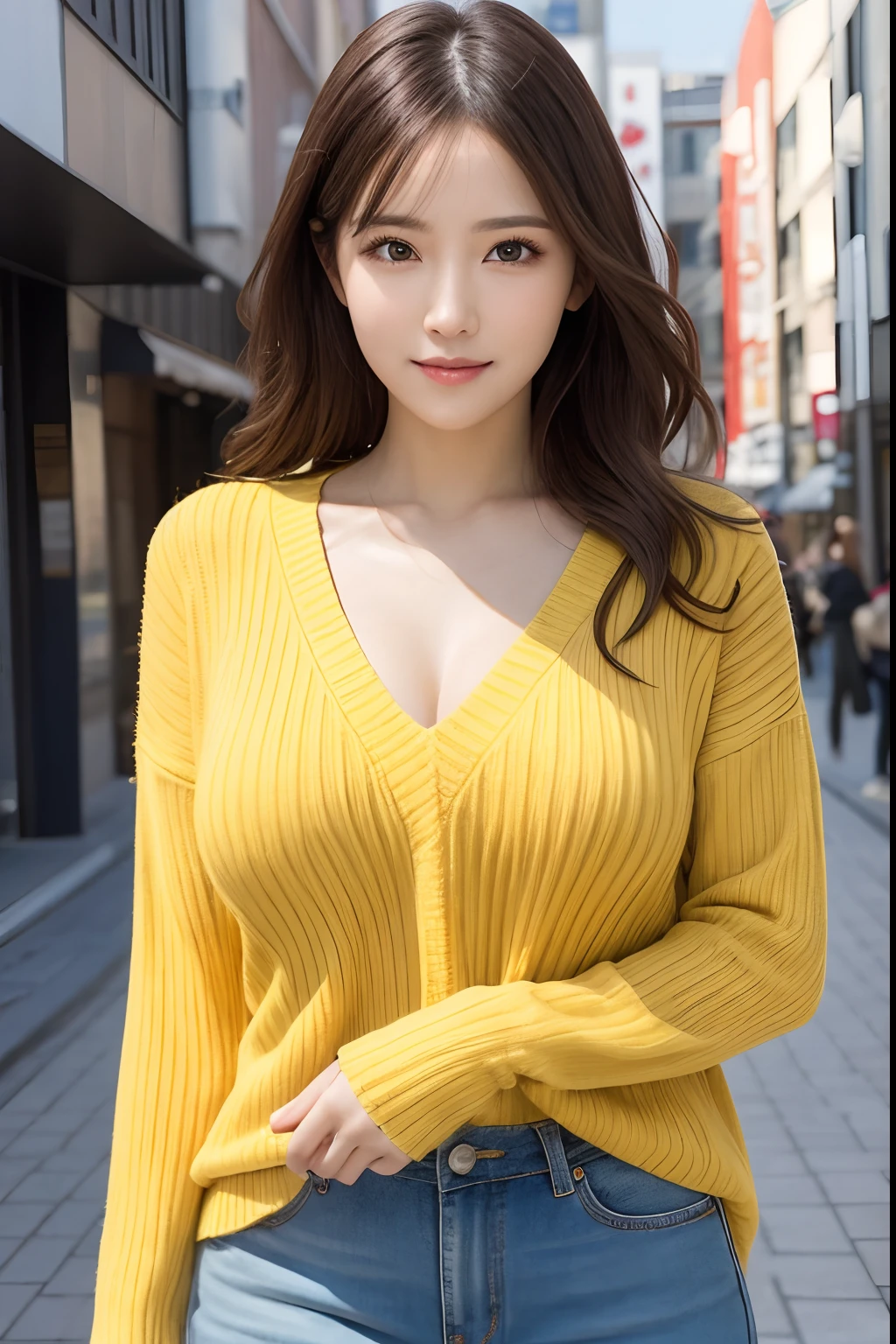 masutepiece, Best Quality, Photorealsitic, finely detail, hight resolution, 8K Wallpapers, Perfect dynamic composition, Beautiful detailed eyes, Medium Hair, large full breasts, Random and sexy poses, Bring your chest together, (Tight yellow knitwear), Breast bulge, A smile, Urban landscape, 25-years old, drooing eyes, Adult beauty, japanes
