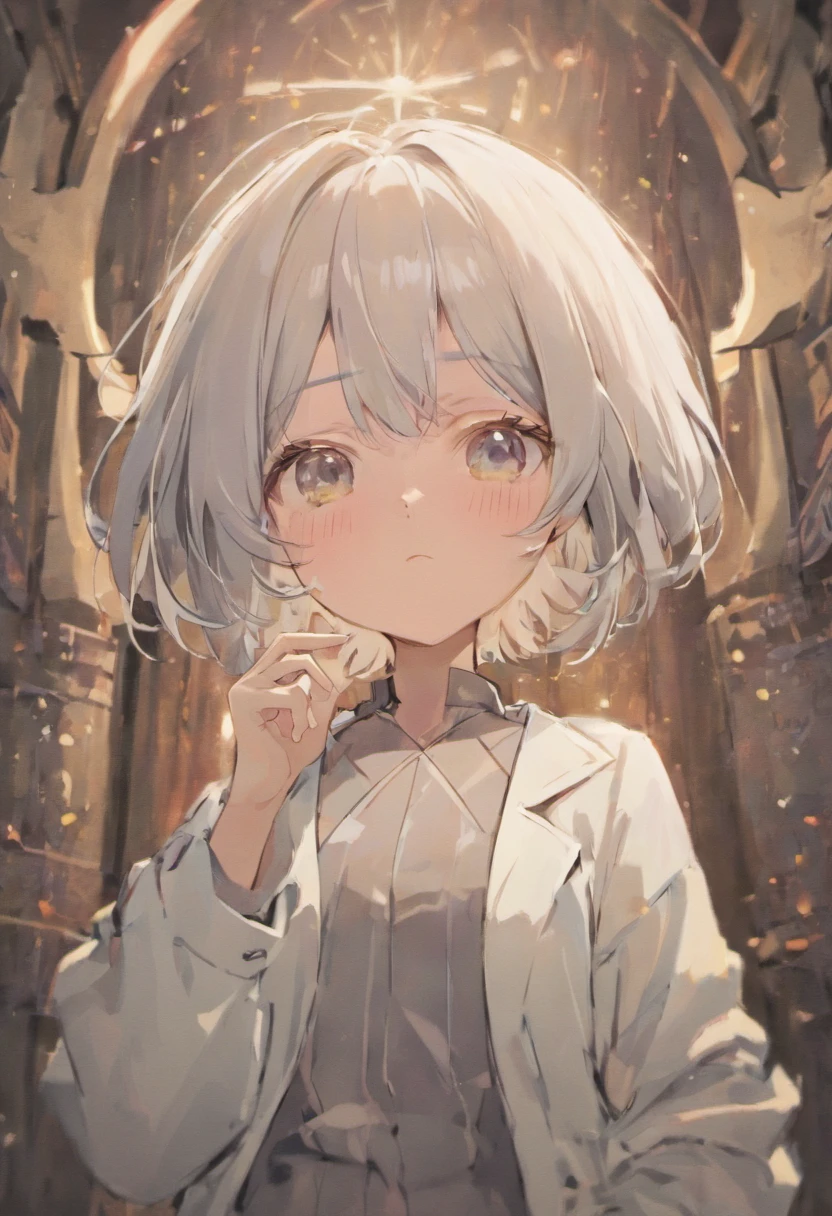 mothers，short detailed hair，Glasses in hand，Face full of wrinkles，With gray hair，style cartoon, (((Front view))),, highly  detailed, White coat，3D style