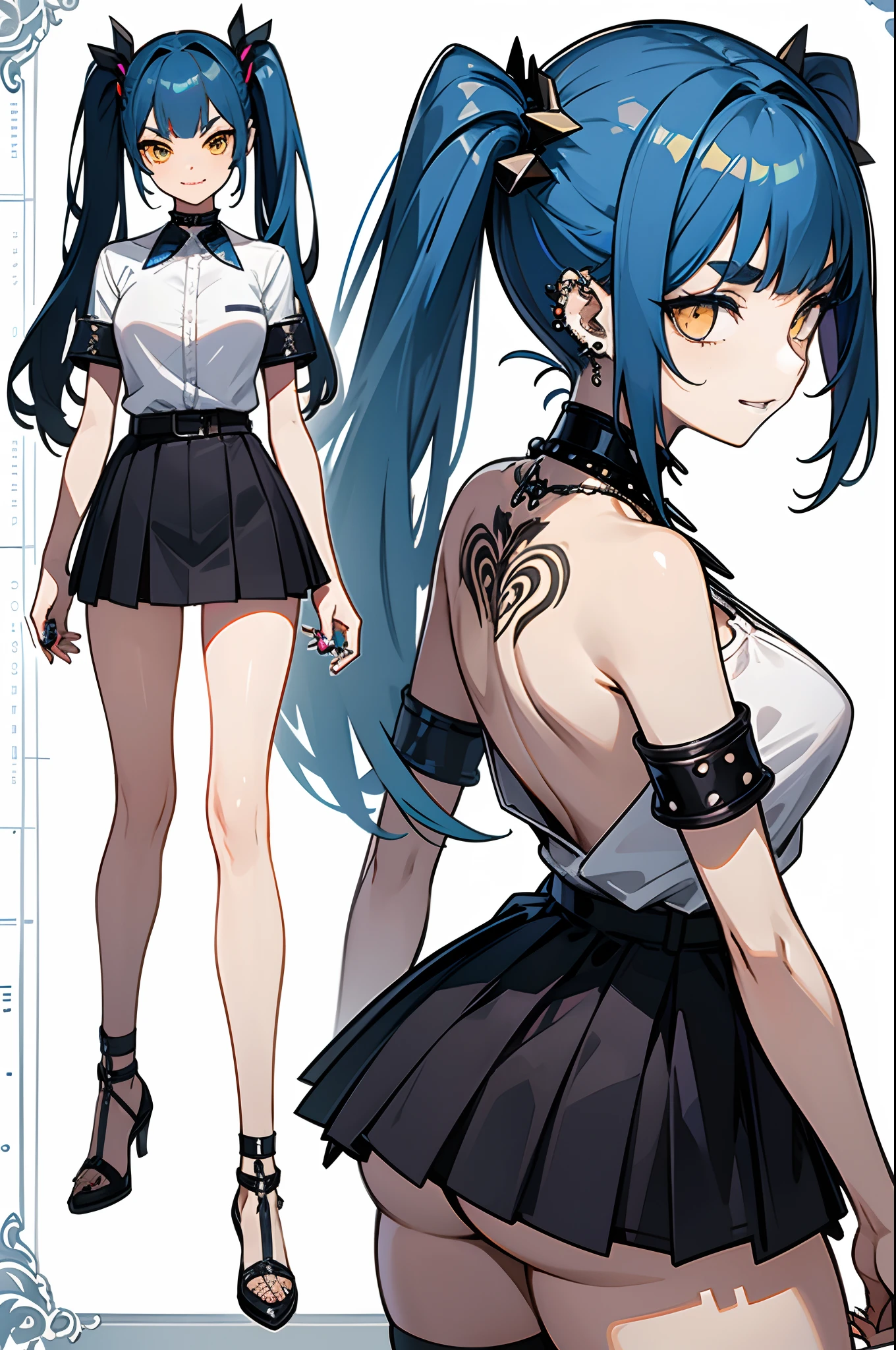 masterpiece, high quality, best quality, (concept art, official art, full body), (three sided view:1.3), ((character design sheet, same character, front, side, back)), virtual youtuber, girl, blue hair, messy twin-tails, Blunt bangs, slant bangs, Yellow slant eyes, x-shaped pupils, Detailed eye drawing, Thick eyebrows, Slim body, Slim long legs, huge breasts, spike choker, spike leg ring, Black short sleeve shirt, Black pleated skirt, yellow belt, tattoos on the arms, tattoos on the leg, Black nails, Spiteful smile, fangs, ((lots of piercings)), high heel, detailed metal jewelry, simple background, highly detailed fine art, (finely detailed beautiful eyes and detailed face), delicate depiction of facial features