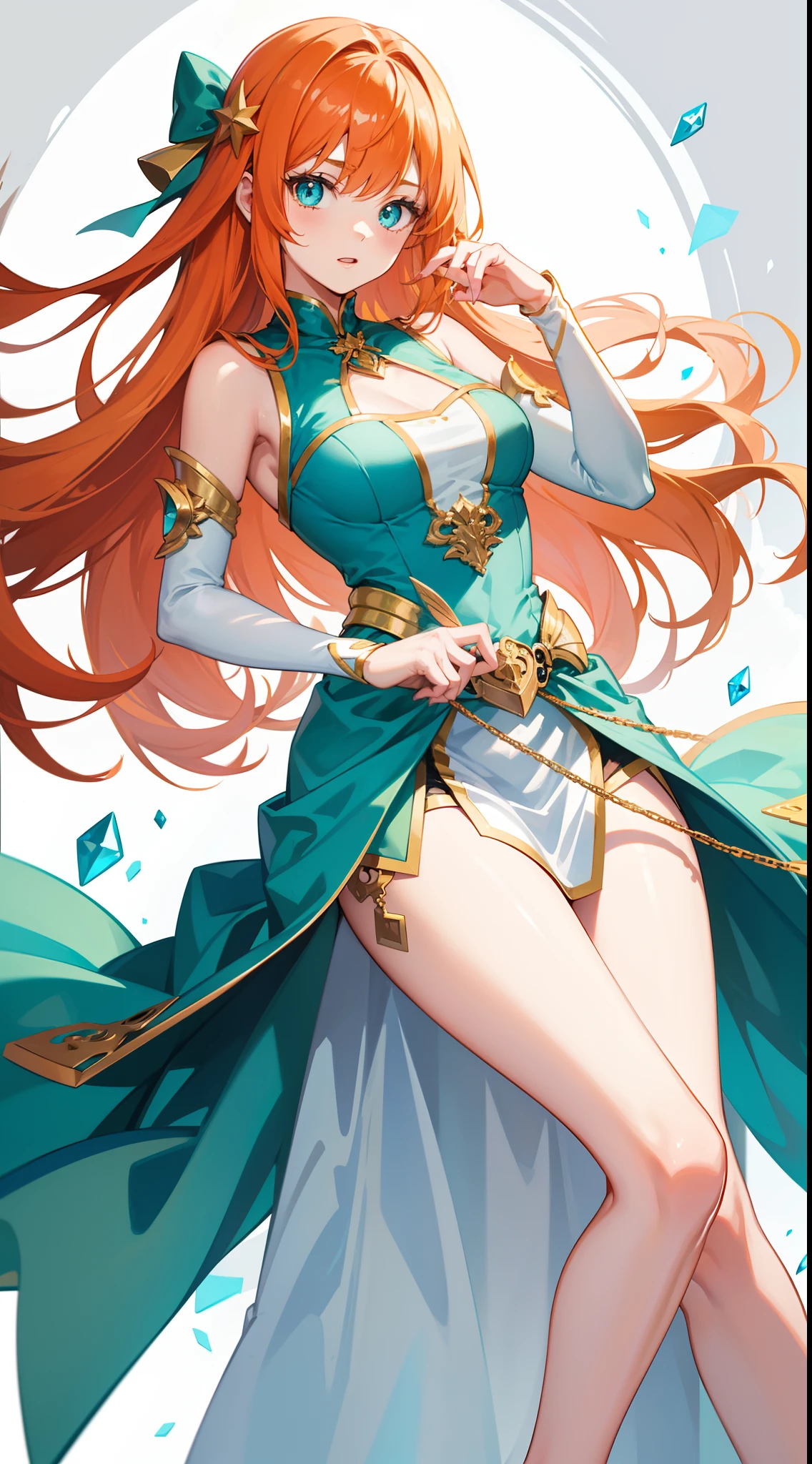 young girl, llong orange hair, Cyan eyes, white fencing dress, Sleeveless, open breasts, long skirt, sword, Gold Elements, gems, Masterpiece, hiquality