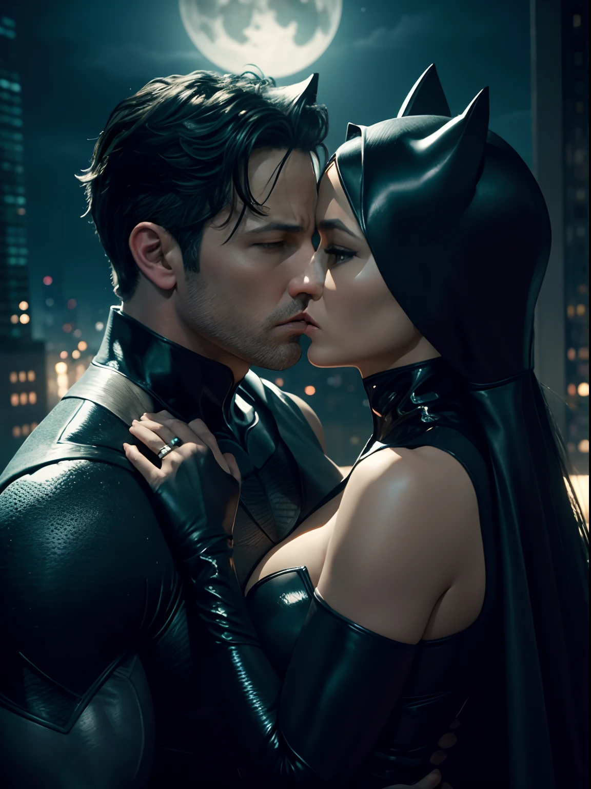 Jennifer Lopez as a sexy Catwoman embracing Ben Affleck as Batman, ((detailed face, not wearing mask, photorealistic)), (1 male and 1 female), 35mm, ultra detailed, 8k, moonlight background gotham city.  Catwoman and Batman find themselves alone on a rooftop, their hearts longing to connect. Under the moonlit sky, they share a passionate kiss, knowing their love is stronger than their superhero duties.