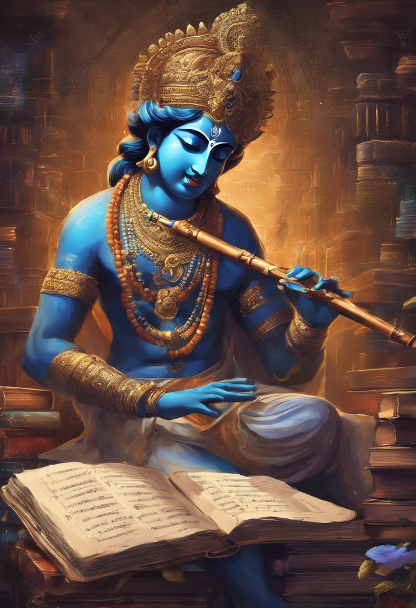 An artistic depiction of Lord Krishna playing his flute, surrounded by books, pens, and a chalkboard with mathematical equations in the background.