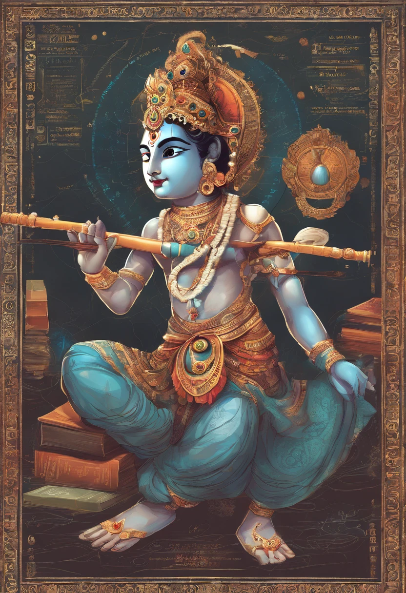 An artistic depiction of Lord Krishna playing his flute, surrounded by books, pens, and a chalkboard with mathematical equations in the background.