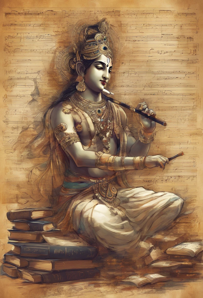 An artistic depiction of Lord Krishna playing his flute, surrounded by books, pens, and a chalkboard with mathematical equations in the background.