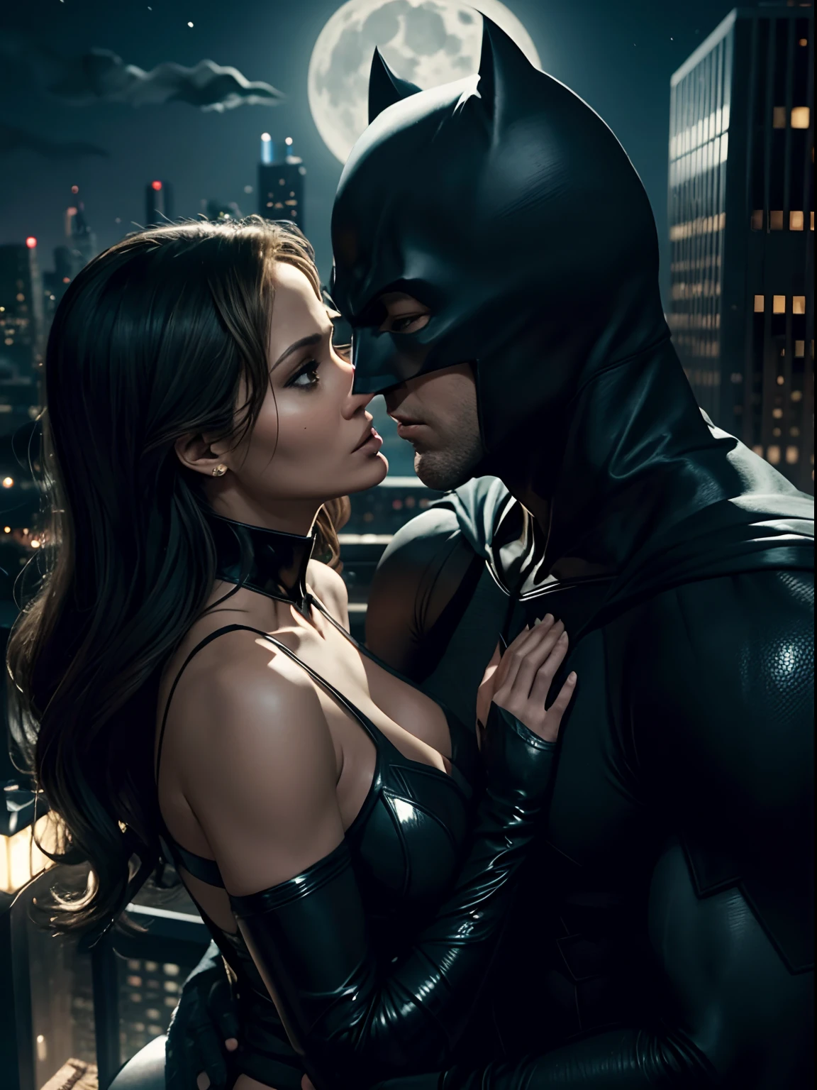 Jennifer Lopez as a sexy Catwoman embracing Ben Affleck as Batman, ((detailed face, not wearing mask, photorealistic)), (1 male and 1 female), 35mm, ultra detailed, 8k, moonlight background gotham city.  Catwoman and Batman find themselves alone on a rooftop, their hearts longing to connect. Under the moonlit sky, they share a passionate kiss, knowing their love is stronger than their superhero duties.