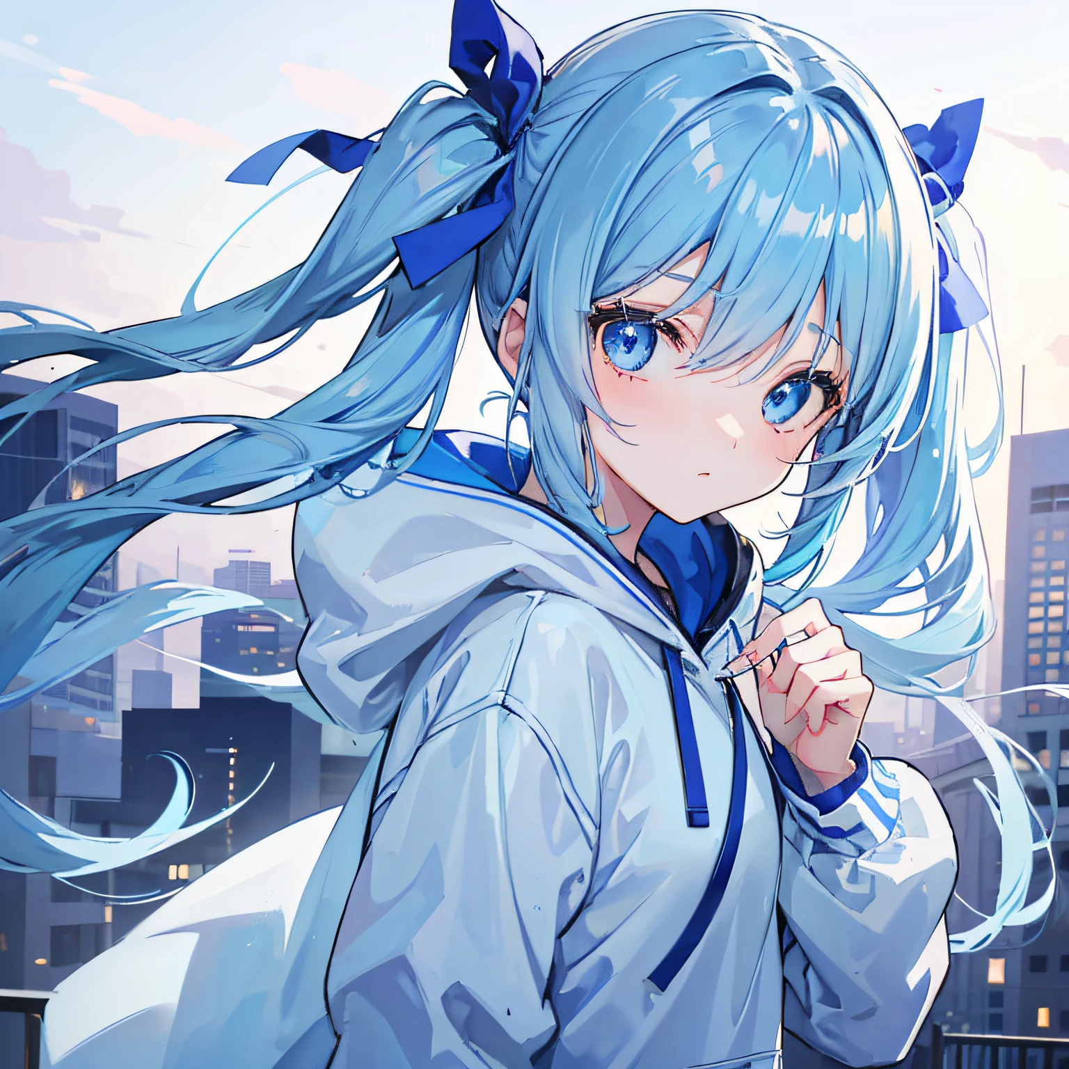 1girl, with light blue twintails hair and blue eyes, wearing a hair ribbon and a blue and white hoodie. The scene is set in winter, with the girl looking directly at the viewer. This image can be used as a profile picture.Pose,city background