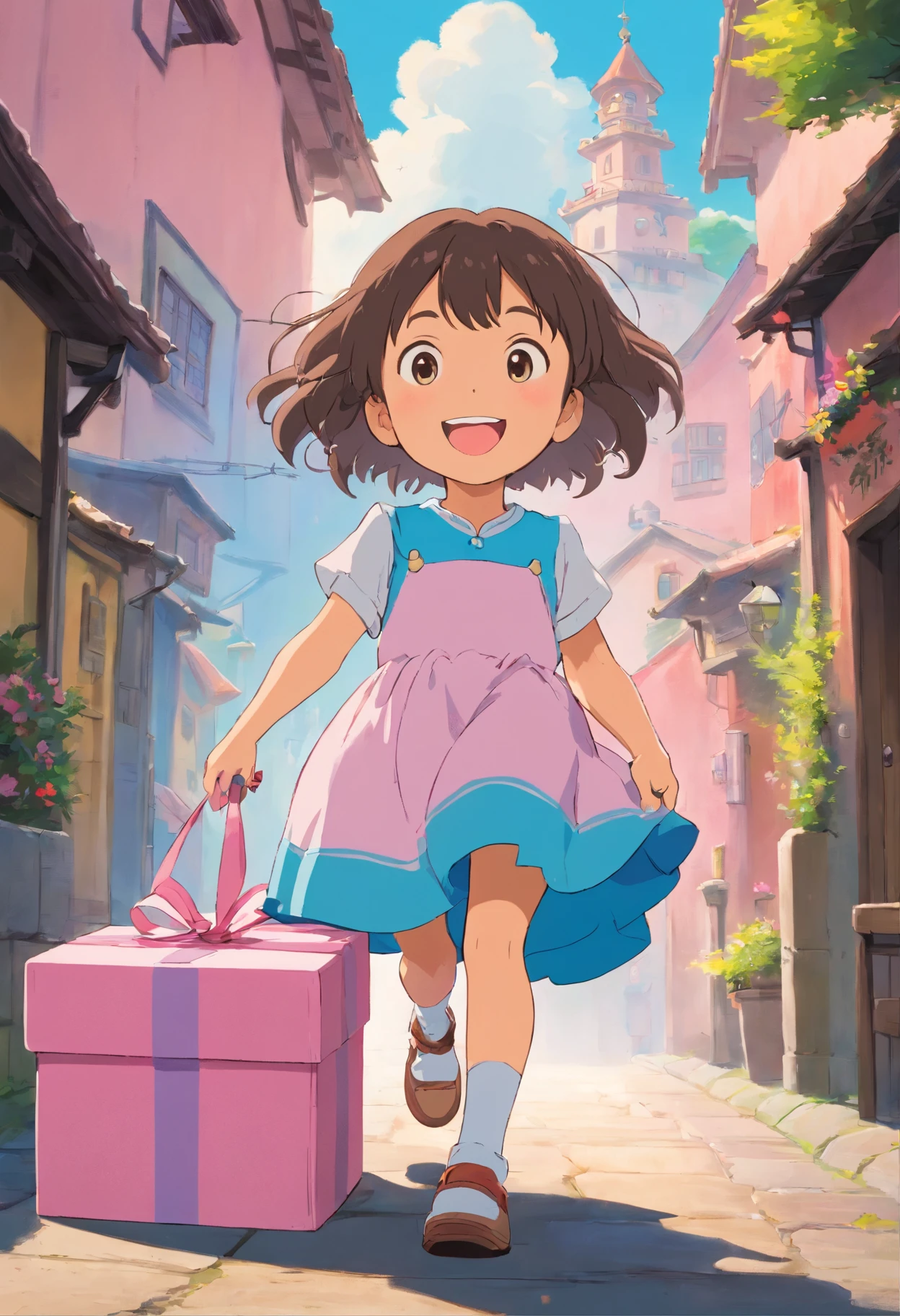 There's a  girl next to a pink box, um pastel por Ella Guru, pexels, acontecimento, Menina africana de pele escura, vestido roxo gelado;, she is smiling and excited, ela expressando alegria, sky - blue dress, she is smiling and happy, menina com cabelo cacheado da cor preta