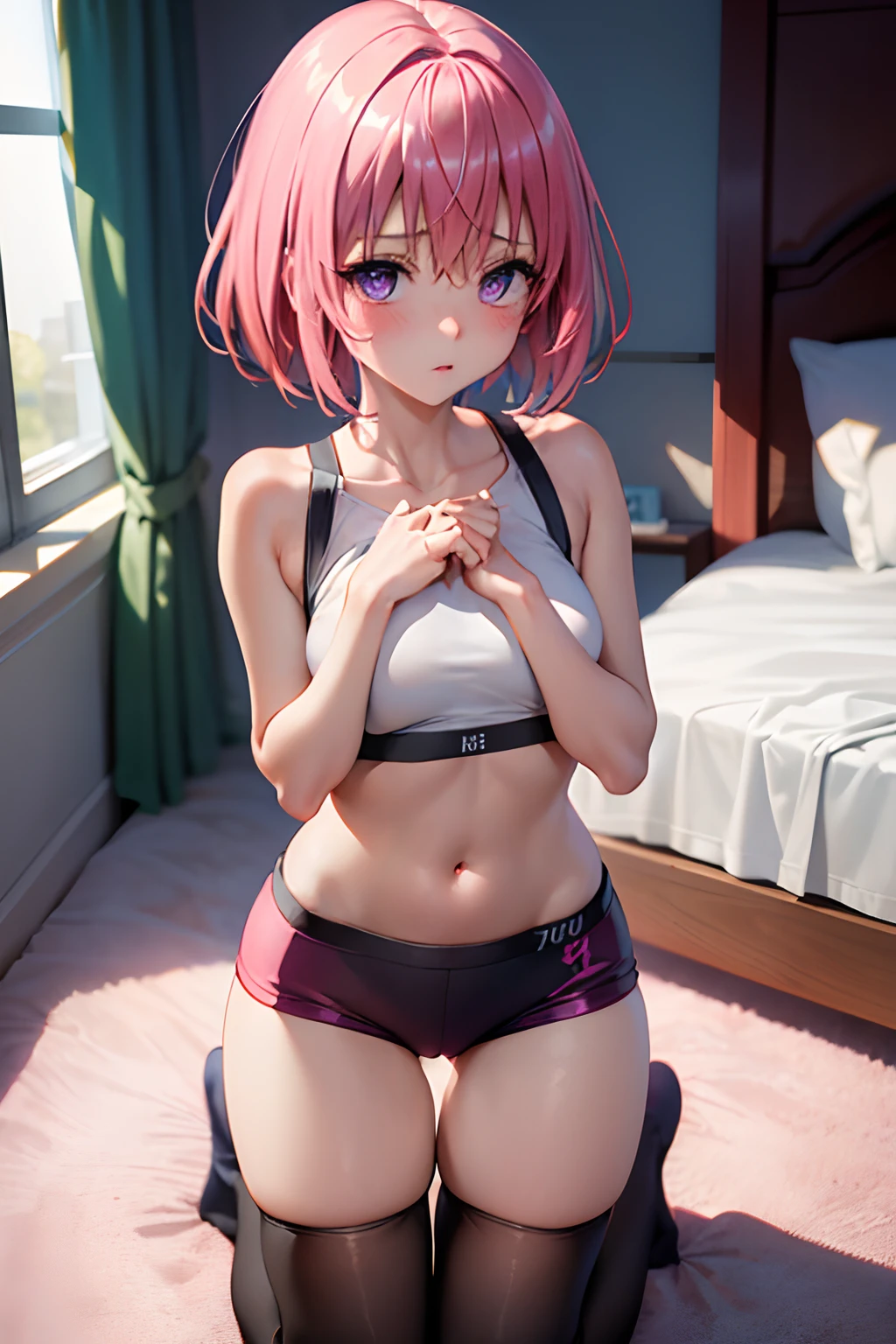 (top-quality:1.1), (​masterpiece:1.4), (absurderes:1.0), portlate, a closeup,
1girl in、Momovelia Deviluk、hair adornments、bob cuts、Shorthair pink hair、a purple eye、Medium chest、((Sportsbra))、looking at the viewers、Bedroom、(red blush:1.2)、embarassed expression、(((Black High Socks)))、on the beds、((Short leggings))、((Kneeling))、((Emphasis on the chest))