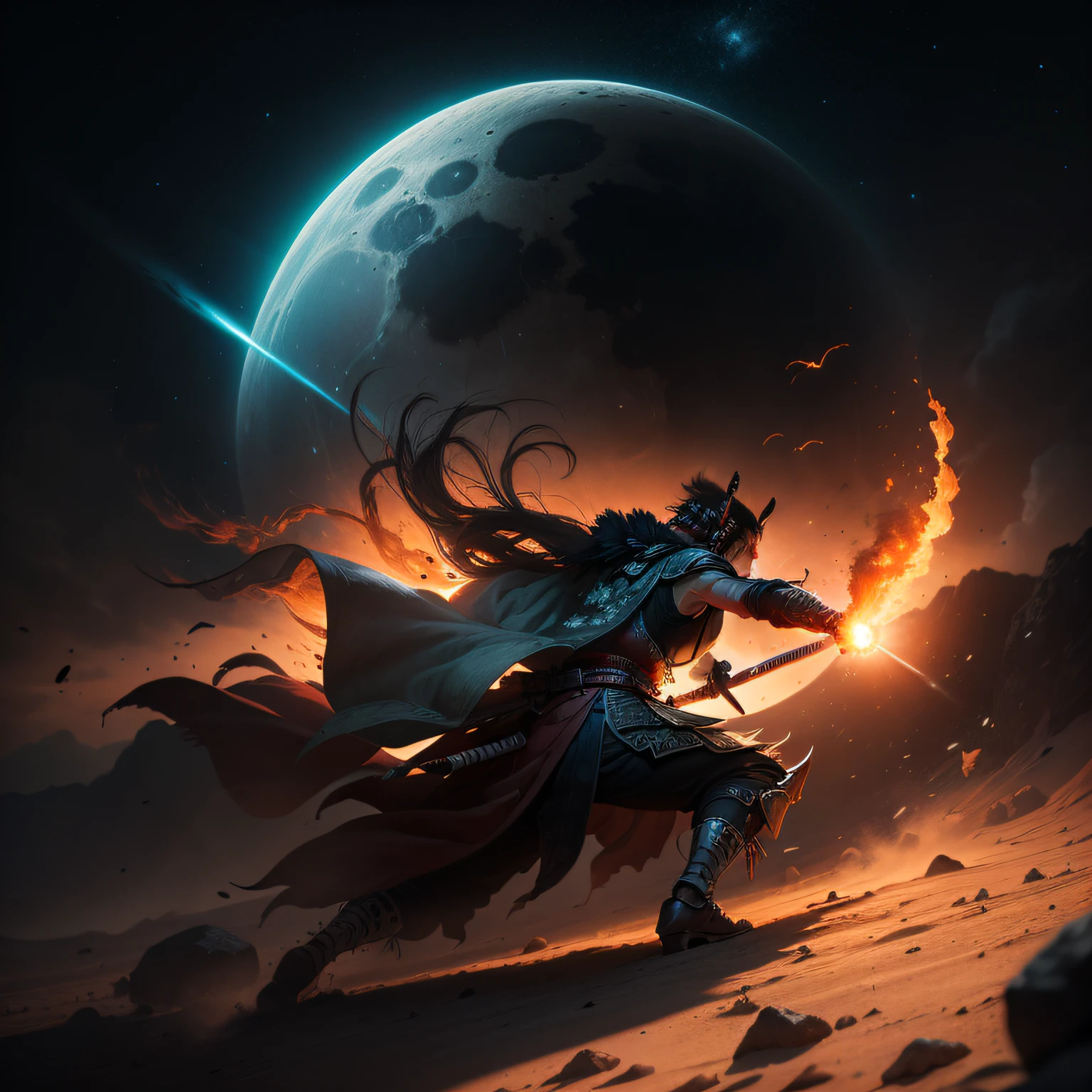 cinematic image, high quality, shadows and real lights, 8k, a far way duel between a samurai and fireball throwing wizard on the surface of the moon, duel, samurai, wizard, with flying saucer that is hovering with mysterious lights, black hole