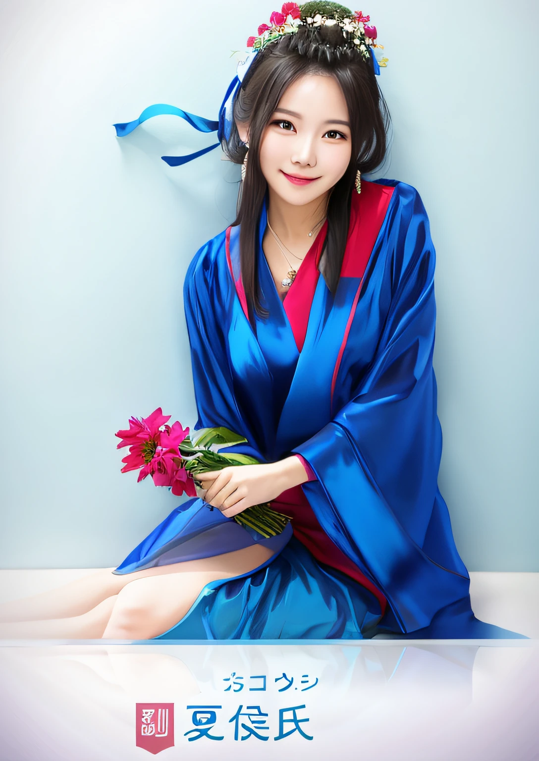 Smiling woman in blue and red dress with flowers