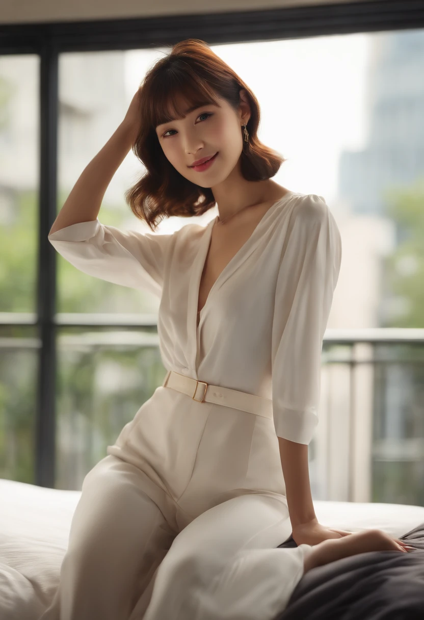 Best Quality, 超A high resolution, (Photorealistic:1.4), Raw photo, (upper thigh, From Side:0.7), (Bokeh:1.5), (sit on a bed), (in a suite:1.6),window, 1日本人の女の子, Cute, (Solo:1.6), (Shy smile), (Brown eyes), Smooth skin, (Medium hair with black hair,Bangs),(Small chest),delicacy, (touch hair:1.4), (off-white transparent clothes:1),cafes