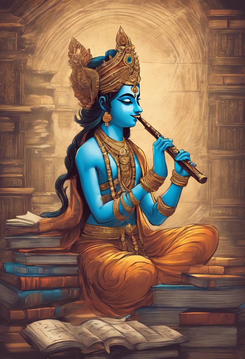 An artistic depiction of Lord Krishna playing his flute, surrounded by books, pens, and a chalkboard with mathematical equations in the background.