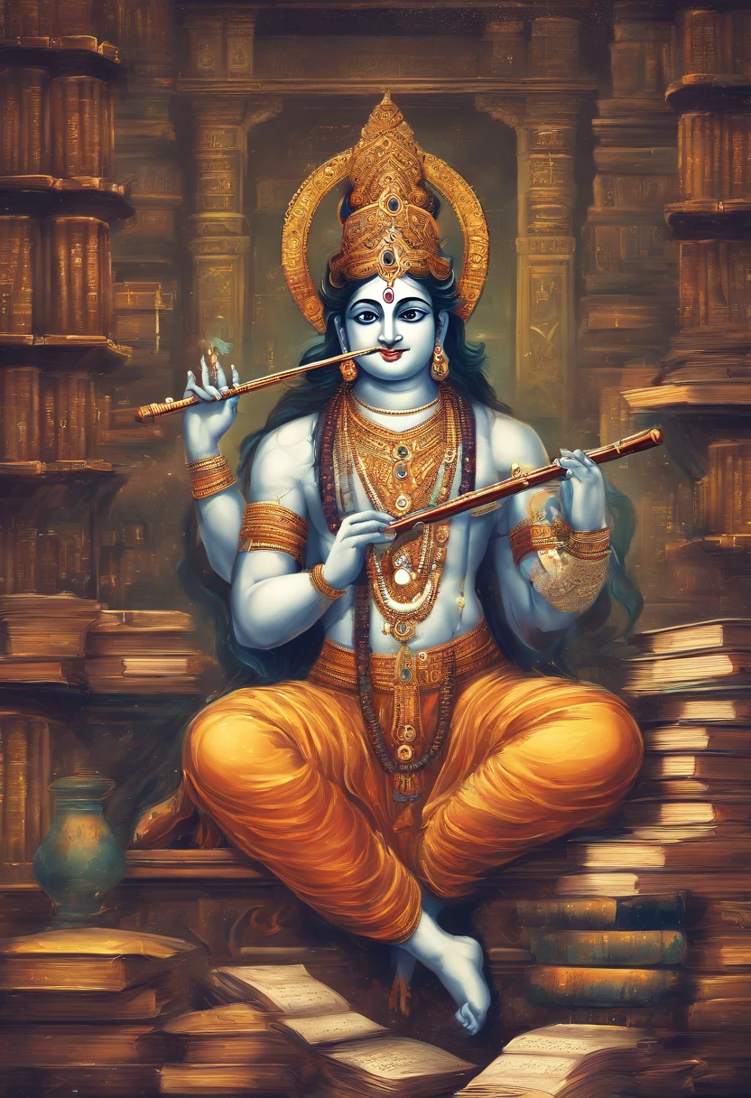 An artistic depiction of Lord Krishna playing his flute, surrounded by books, pens, and a chalkboard with mathematical equations in the background.