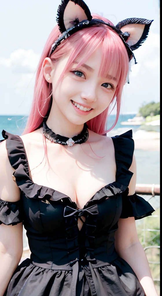 (masterpiece, Highest quality, One girl, alone, Intricate details, chromatic aberration), Realistic, ((Medium breath)),Long Hair, Pink Hair, Red headdress, pink highlights, Hair on one eye,Purple eyes, Earrings, Sharp eyes, choker, Neon Shirt, Open jacket, Crop top, (Symmetrical Eyes),(Perfectly symmetrical body)、Beauty、Glowing eyes、Swimwear、Japanese、bikini、Pause