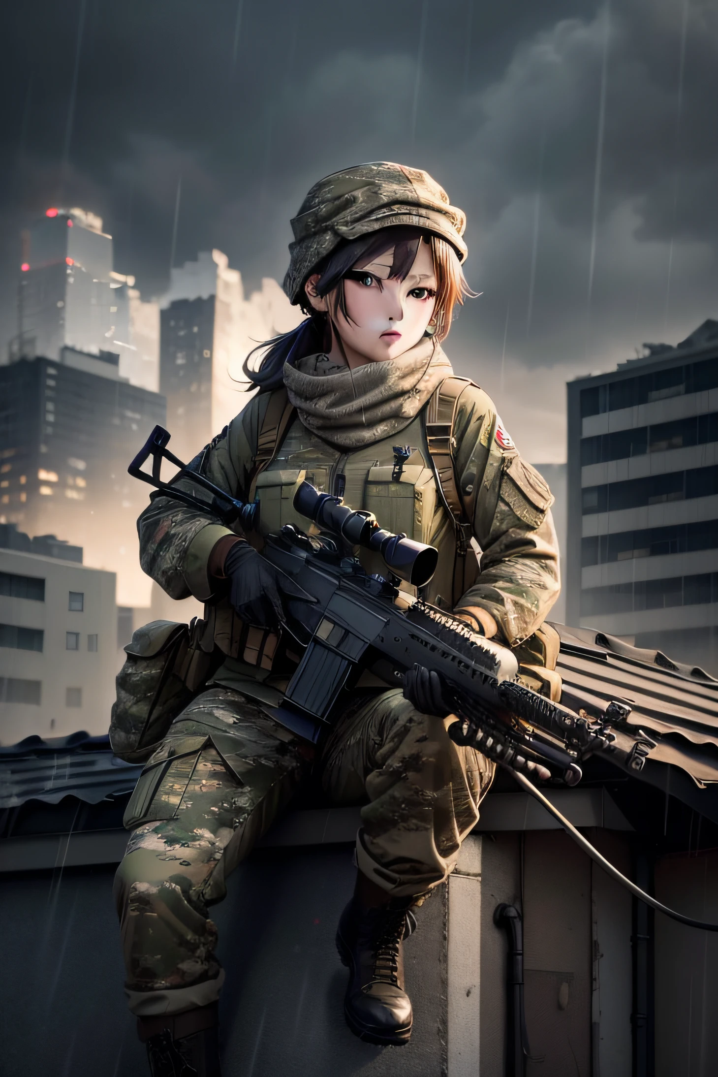 Beauty Sniper in Camouflage、On the roof of a building、very heavy rain,fires、Several buildings collapsed