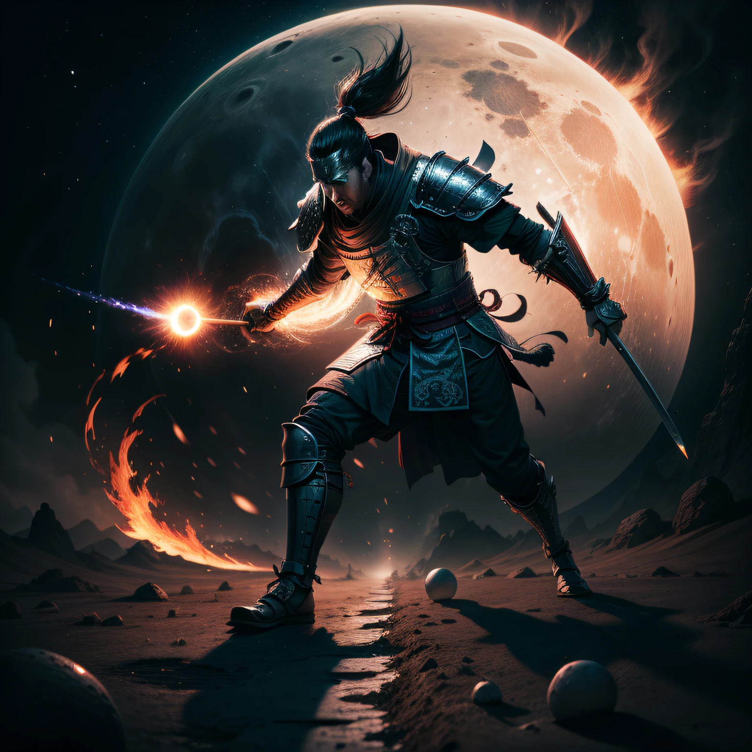 cinematic image, high quality, shadows and real lights, 8k, a far way epic legendary duel between a samurai and fireball throwing wizard on the surface of the moon, epic legendary duel, samurai, wizard, with flying saucer that is hovering with mysterious lights, black hole