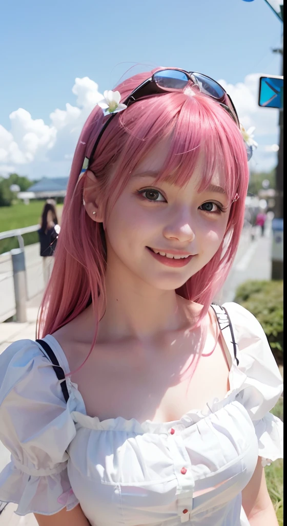 (ultra-detailliert), Frontal Face,head shot, Front view,Cute princess dress in white,(frilly dress),(shortsleeves),Blue eyes,The upper part of the body、cowboy  shot、faces、(A smile:1.5),(facing front:1.2), 20yr old, teens girl,no tail,(no tail),2D, ​masterpiece, top-quality, animesque, A detailed eye, A detailed face, girl with, Only 1 person,Medium hair with pink hair, (Pink hair),  small tits, straight haired、 Stand at the intersection、(No headband)
