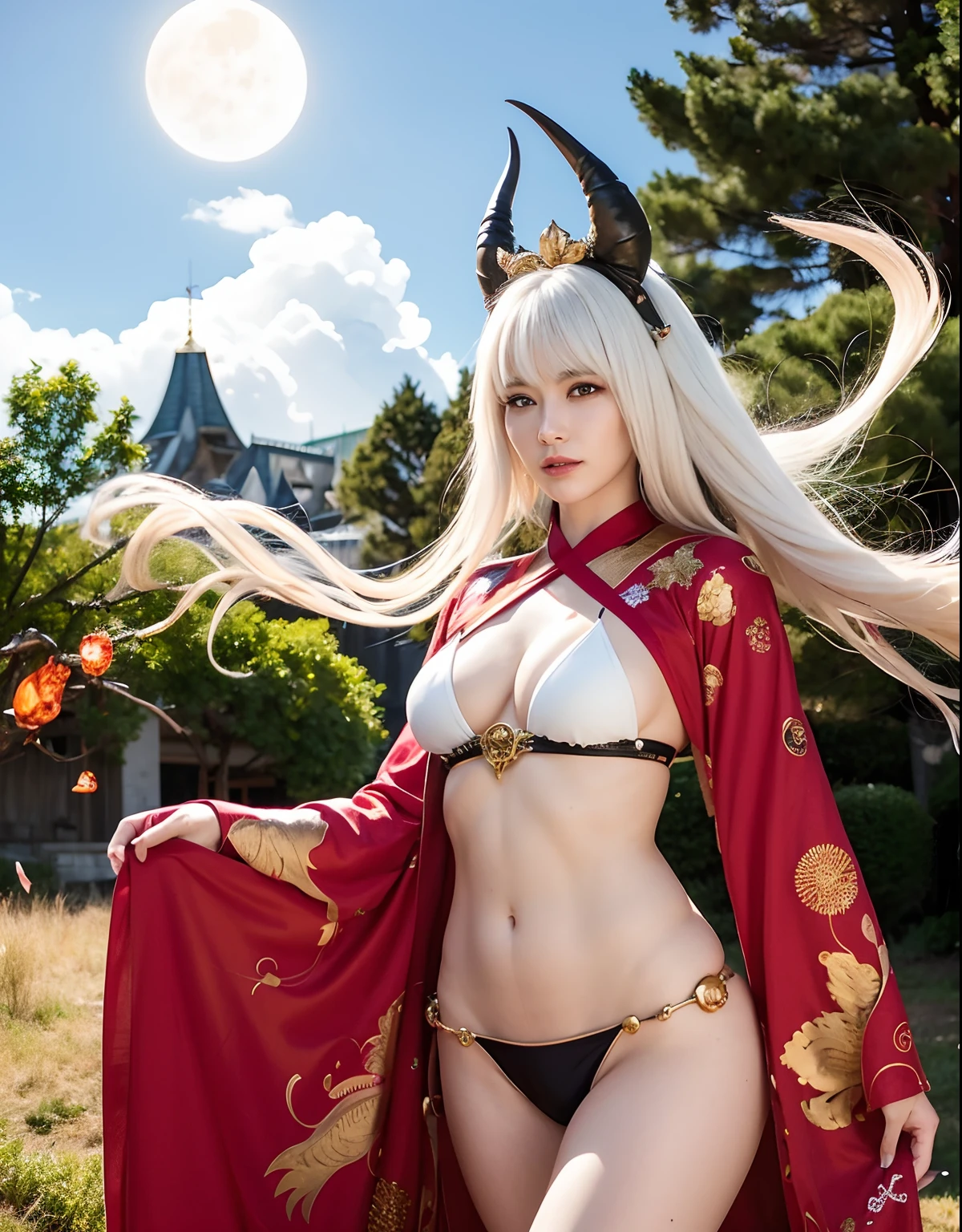 Professional , ​masterpiece、top-quality、photos realistic , depth of fields 、（fullmoon：1.2）、（shooting stars：0.9）、（nebulas：1.3）、（White bikini armor)、（Mystical expression）、（（Fight dragons））,(Wear a beautiful kimono),（Wear a beautiful kimono with colorful floral patterns）、Jewel Gold Weapon、Particles of light),（Has a devil's mask）、Gorgeous gold weapons ,（（ Gorgeous Dragon Sword）） , （Fox Mask）,,（maikurobikini） 、（（White hair））、（Castle background）、（demonic wings）、（（Gangle's forest background））、Beautiful Caucasian beauty、１a person、dynamic ungle,(((Two devil's horns on the head)))、Smaller head、Idle Smile、Thin and beautiful female hands、Mystical expression、Light Effects、intense fighting、Wind-effect、magic circles、With the legendary magic wand、Dragon's tail、
