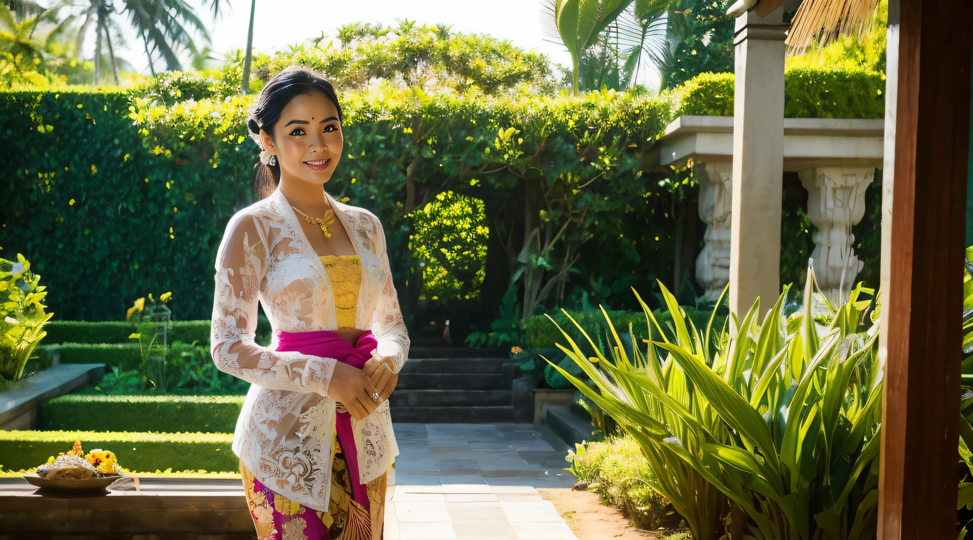 balinese woman in balinese kebaya, in a balinese garden